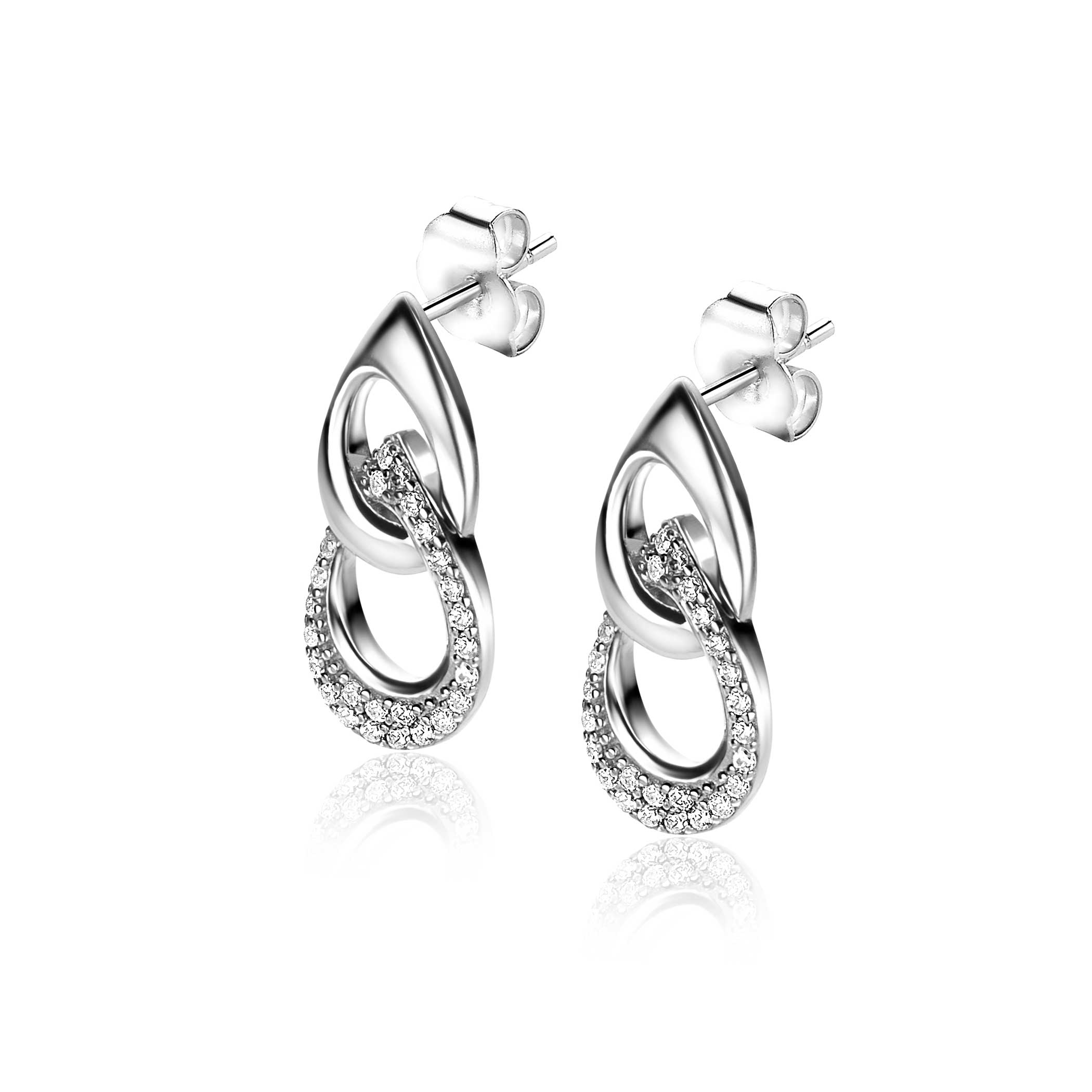 20mm ZINZI silver ear studs with two open pear-shaped links and set with white zirconias by Dutch Designer Mart Visser MVO24