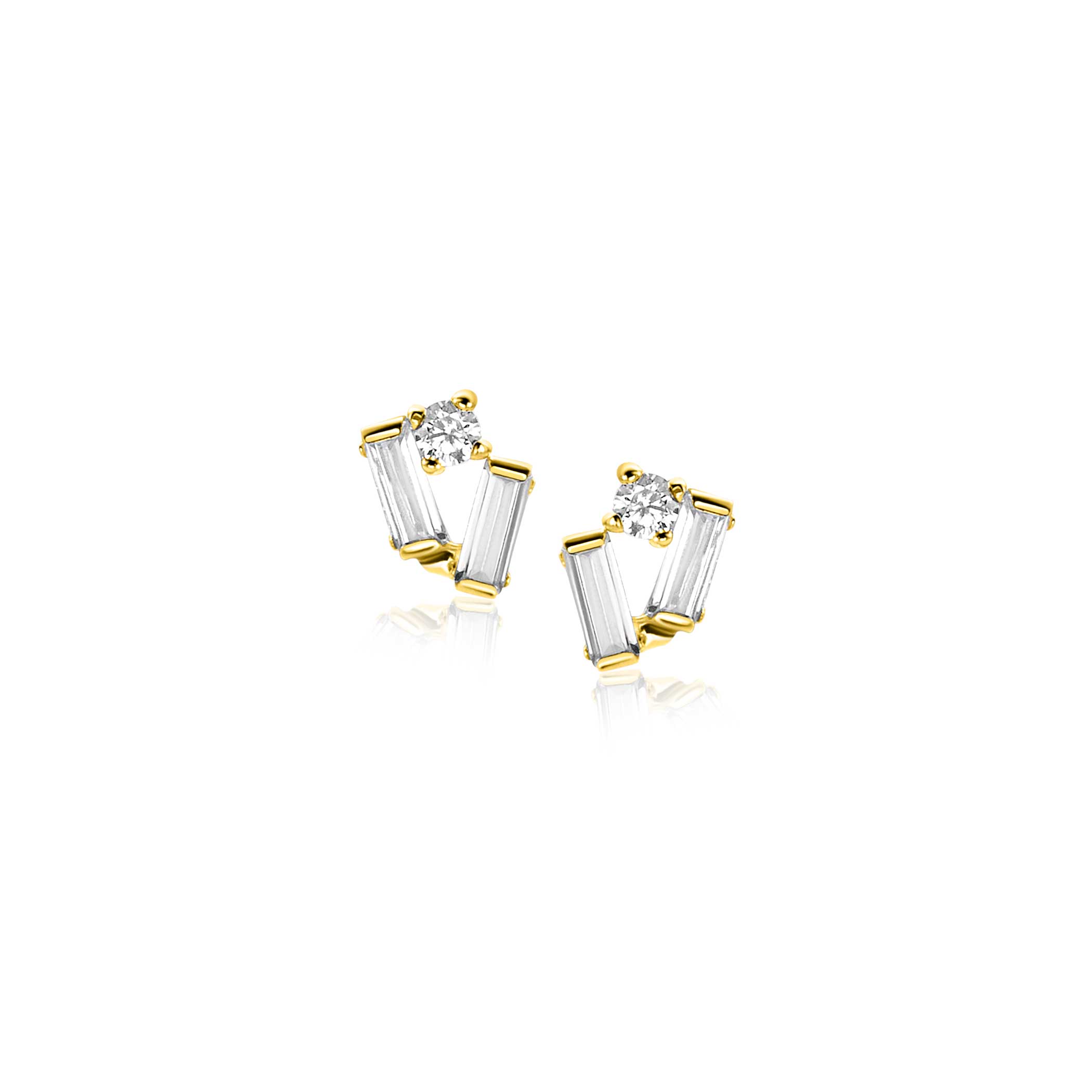 6mm ZINZI 14K Gold Fantasy Stud Earrings Baguette Cut and Round White Zirconias ZGO465