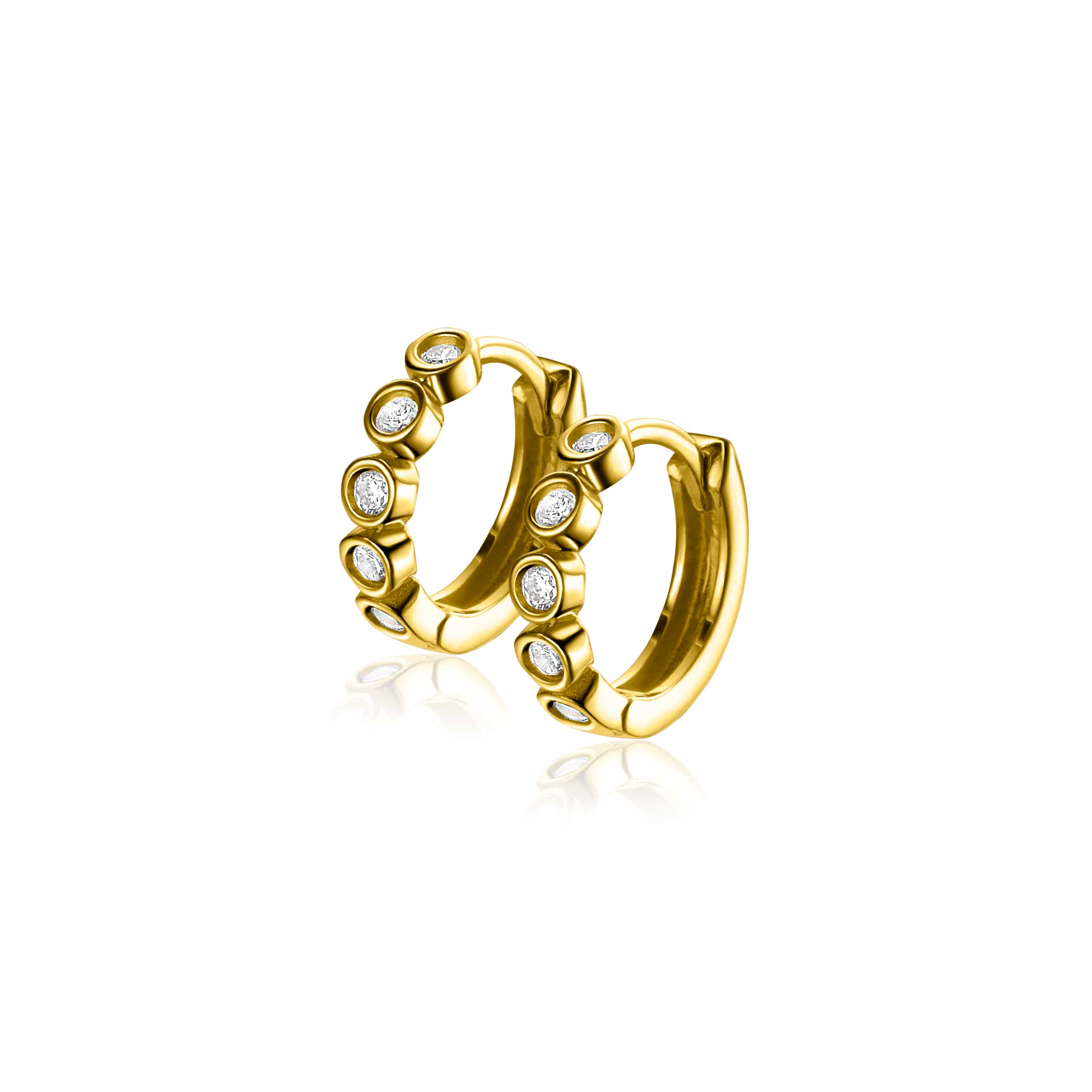 13mm ZINZI Gold 14 karat gold hoop earrings with round settings set with white zirconia stones and luxurious hinged closure 13mm x 2.7mm tube ZGO507
