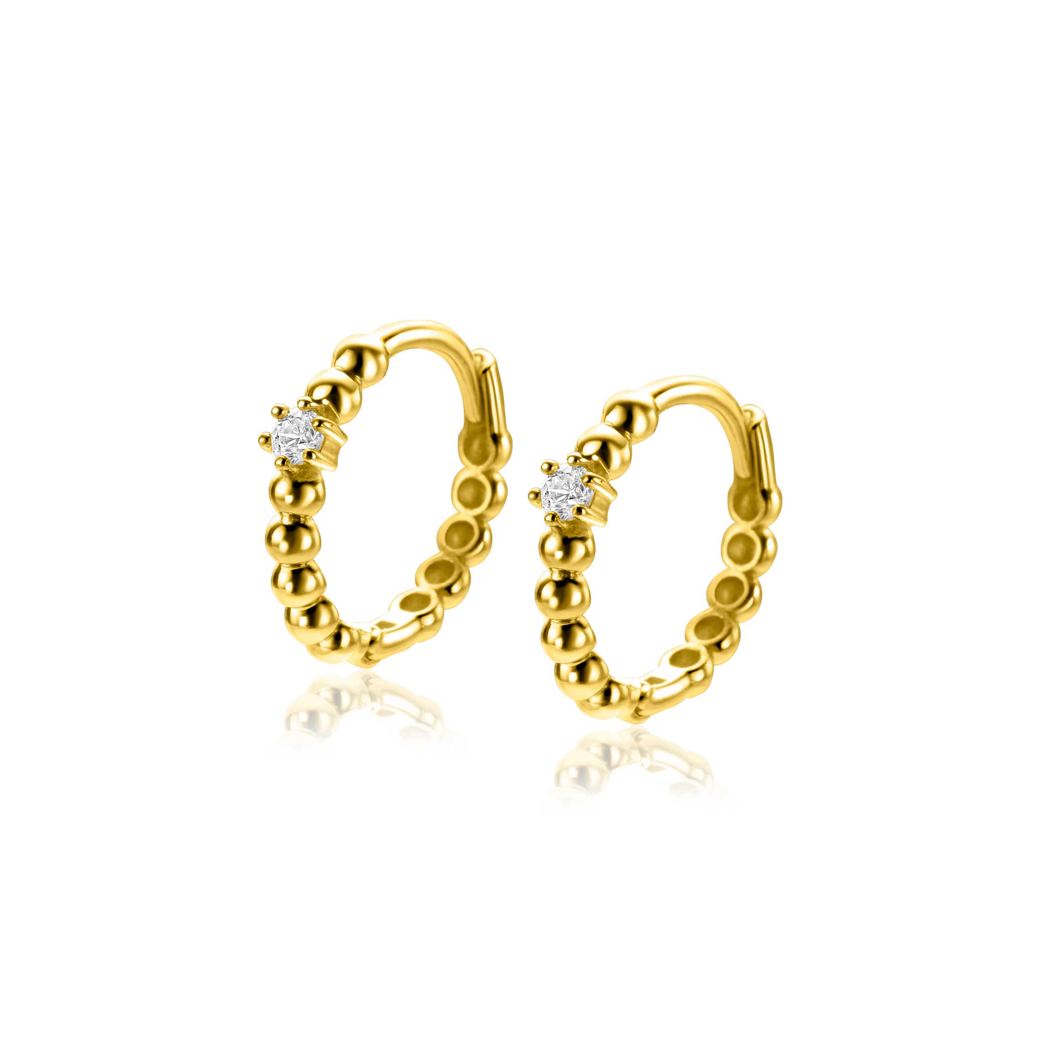 13mm ZINZI Gold 14 ct gold hoop earrings with a bead design and a round white cubic zirconia, with luxury clip closure 13 x 2mm ZGO527