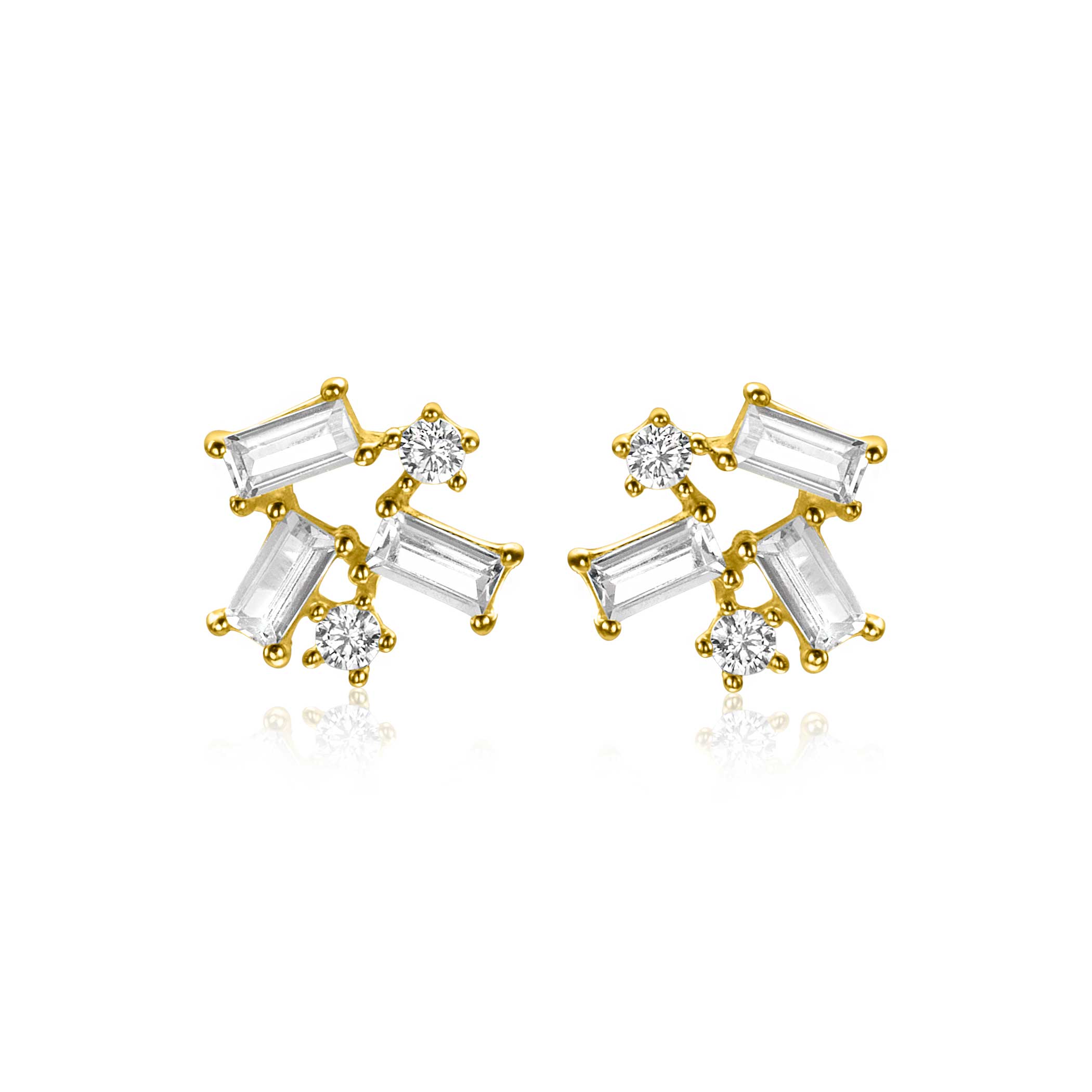 8mm ZINZI Gold 14 ct gold fantasy stud earrings with rectangular baguette-cut and round white cubic zirconias ZGO511
