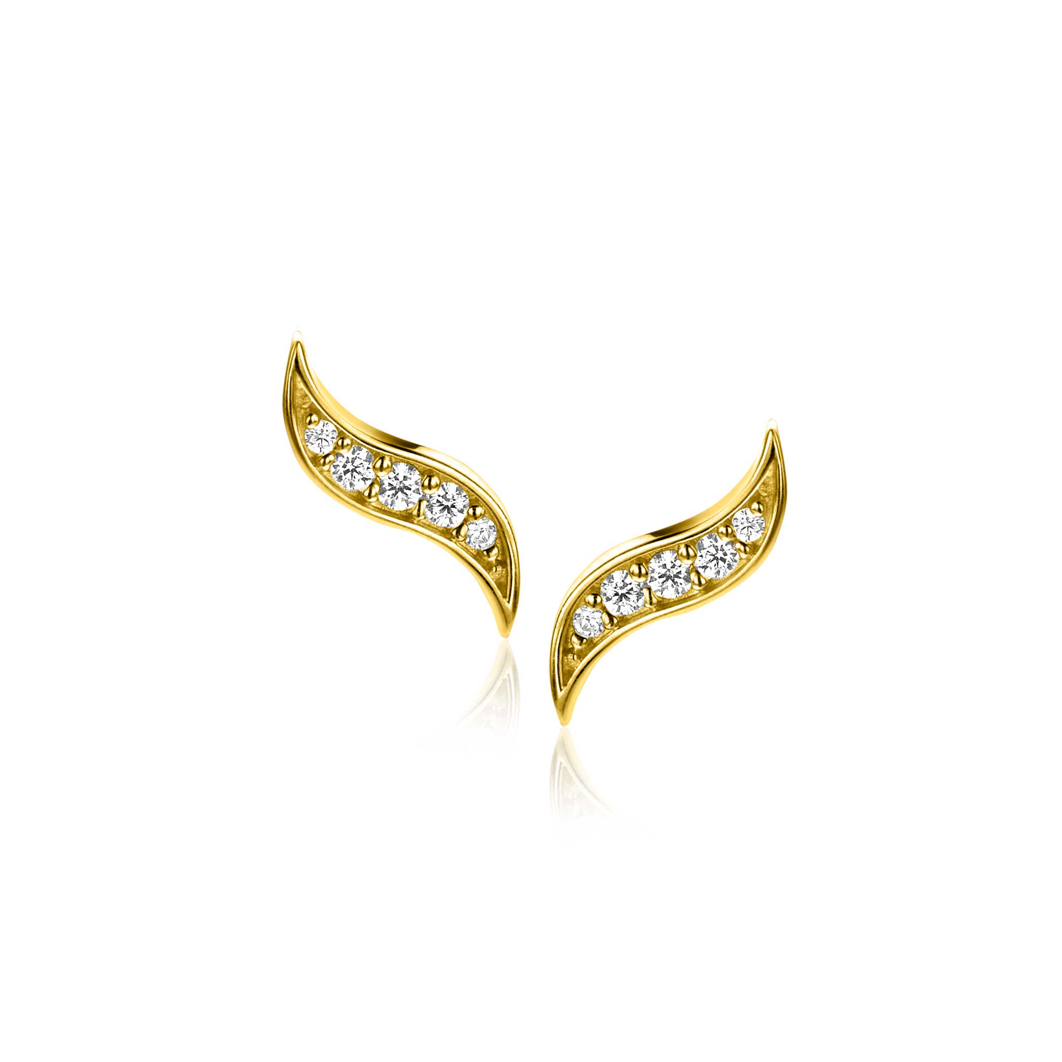 10mm ZINZI Gold 14 ct gold fantasy stud earrings in a leaf shape with 5 white cubic zirconias ZGO516