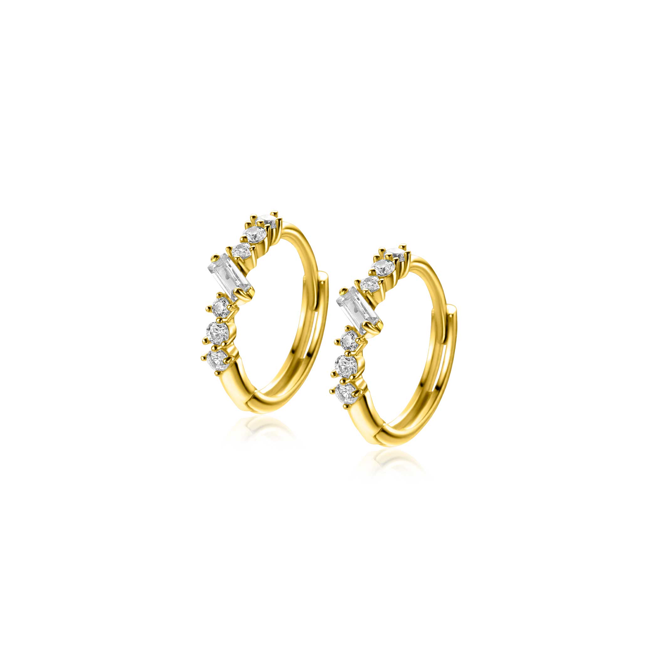13mm ZINZI Gold 14 ct gold hoop earrings with rectangular baguette-cut zirconias and six round white cubic zirconias, with luxury clip closure 13 x 2mm ZGO528