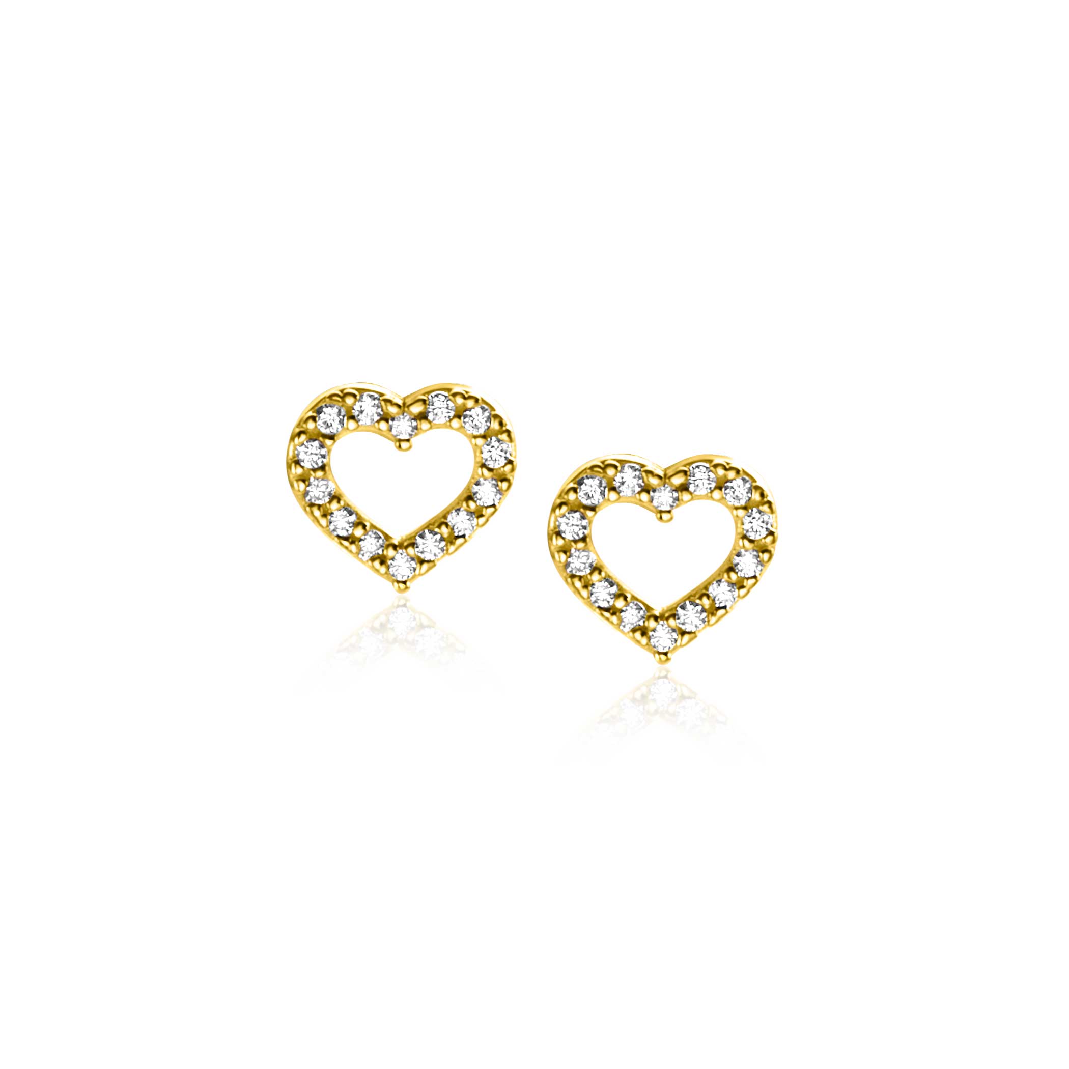 7mm ZINZI 14K Gold Stud Earrings Open Heart White Zirconias ZGO450