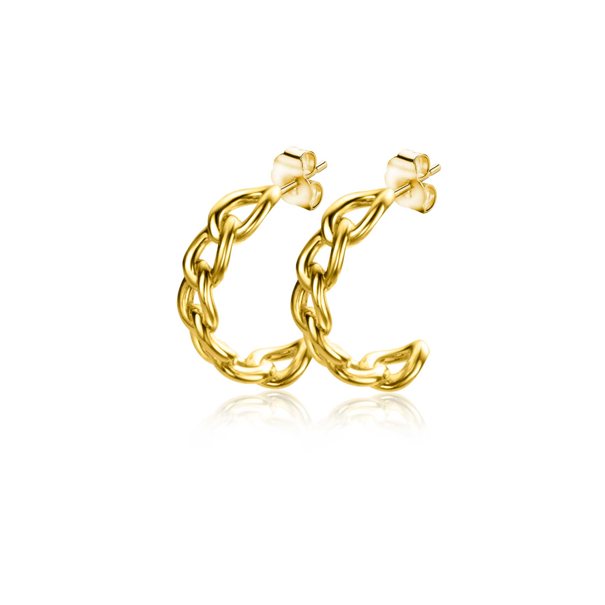 12mm ZINZI 14K Gold Stud Earrings Half Hoop Curb Chains 3mm width ZGO375