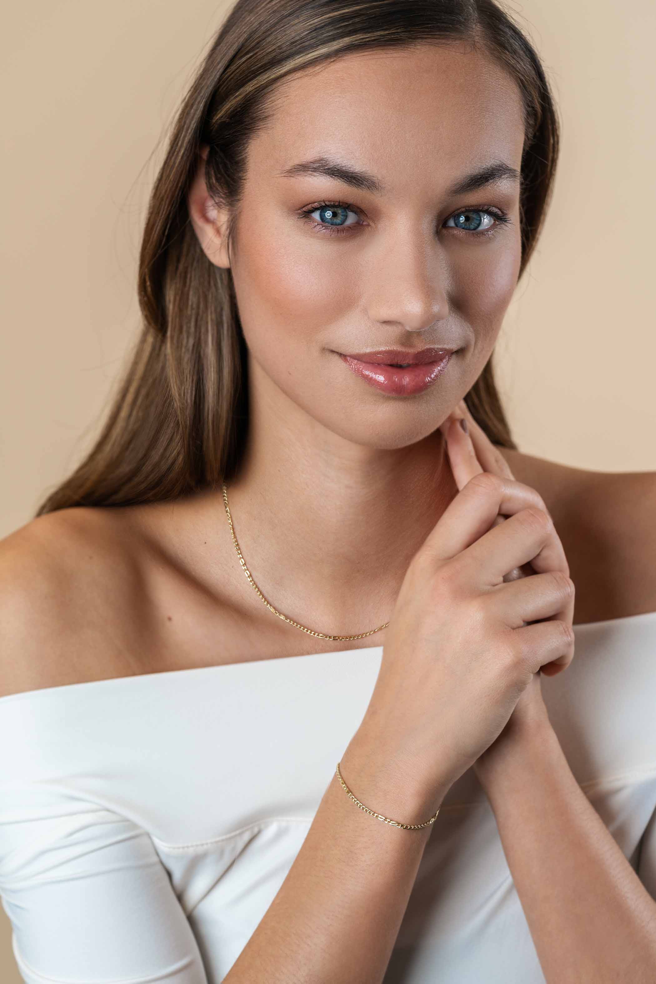 ZINZI Gold 14 karat solid gold curb chain necklace with hawk eye links, 2mm wide, 41-43cm long ZGC498
