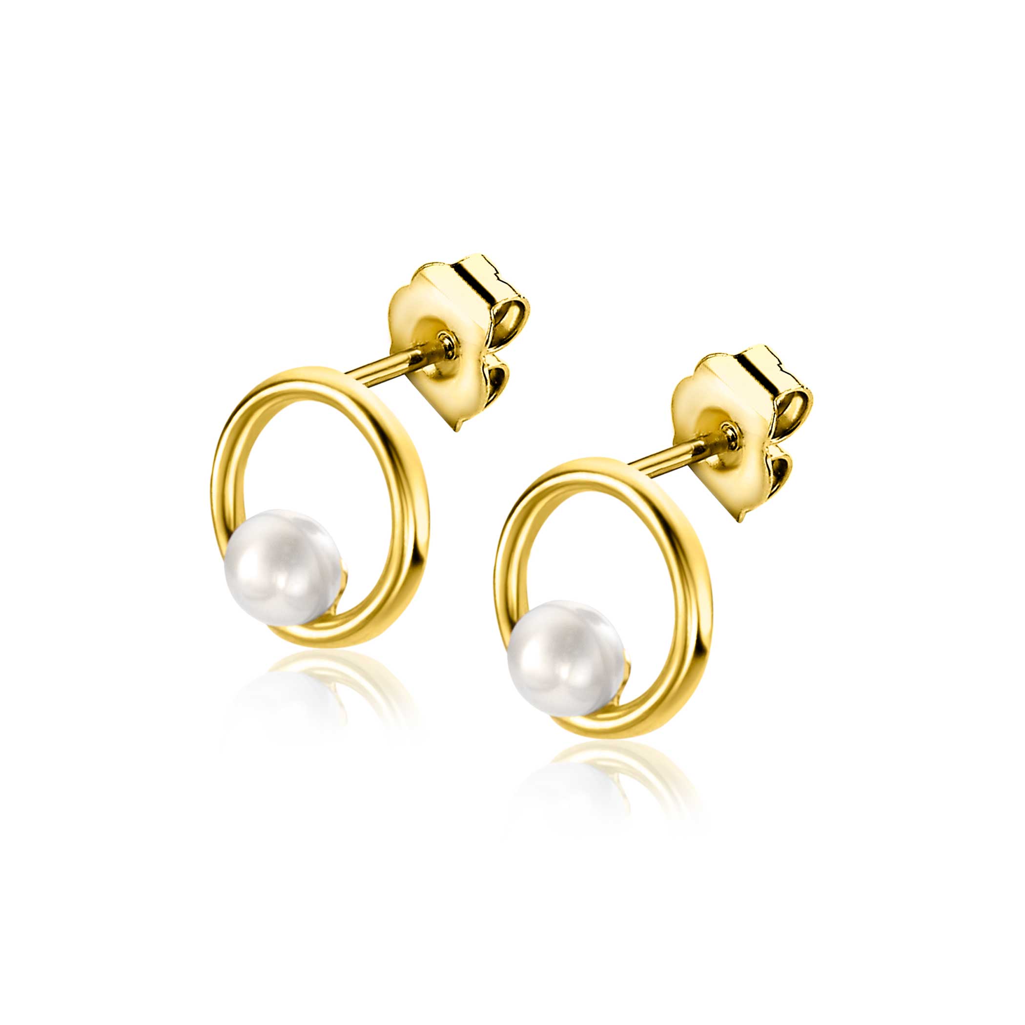 8mm ZINZI 14K Gold Stud Earrings Open Round and White Pearl ZGO418