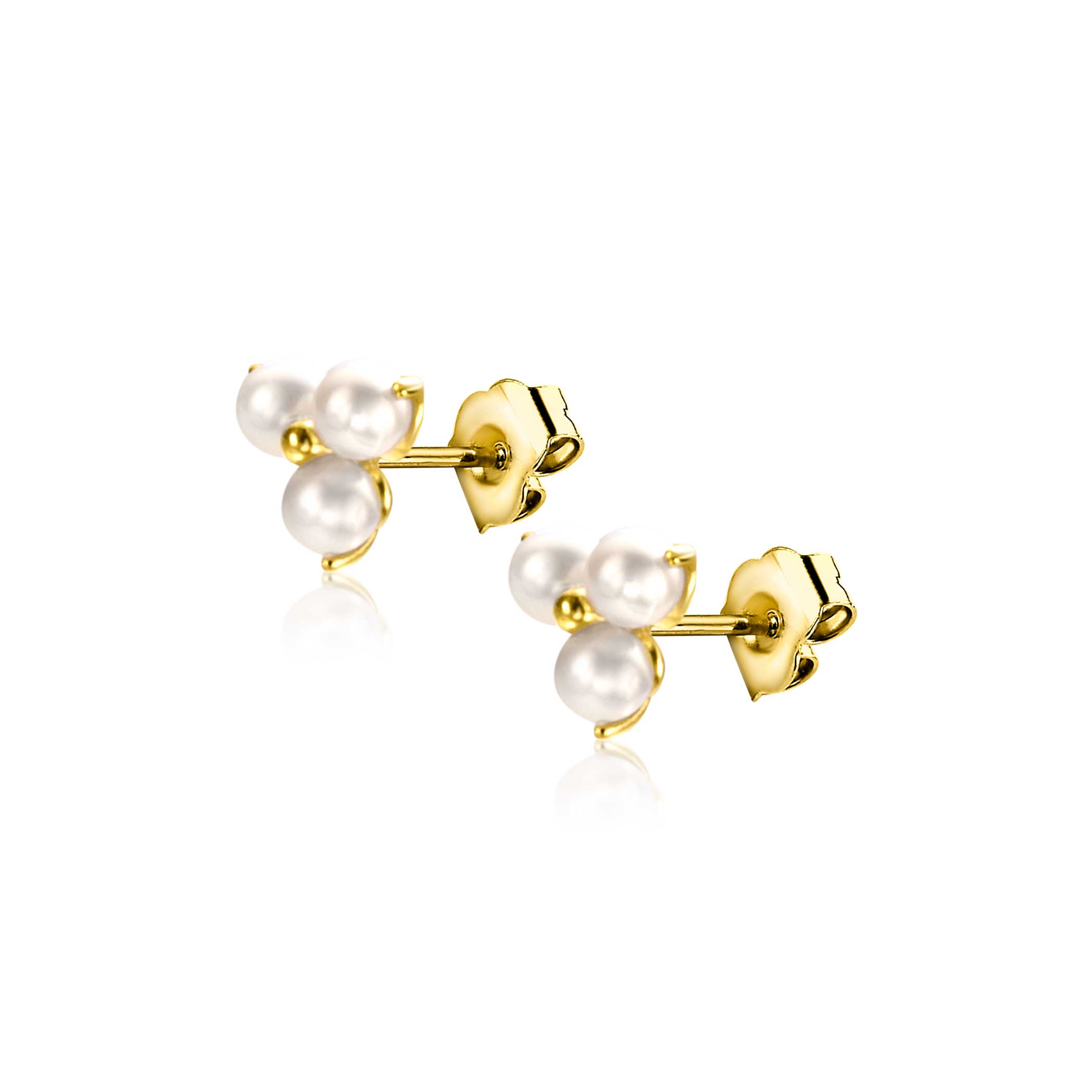 5mm ZINZI 14K Gold Stud Earrings Triangle 3 White Pearls ZGO417