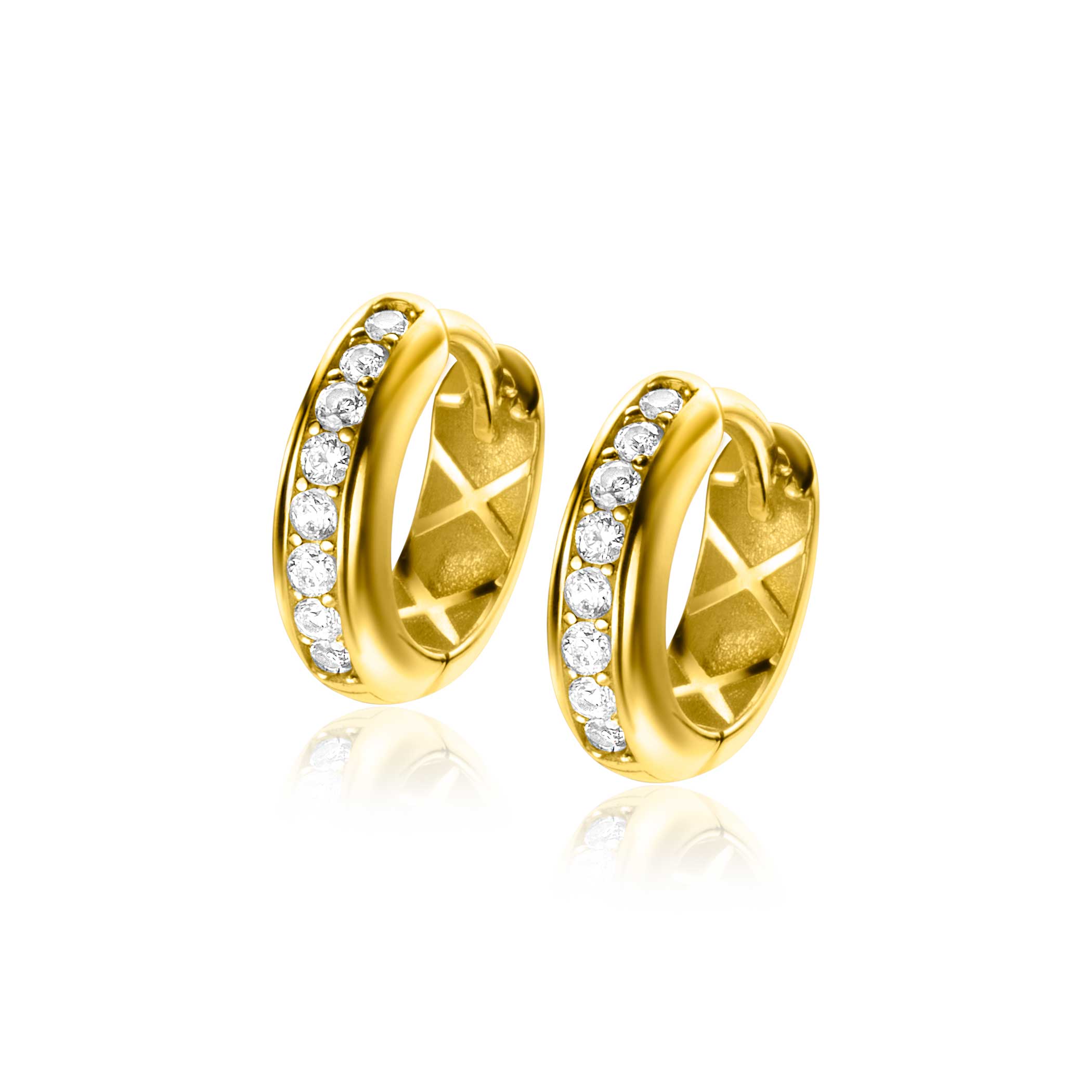 13mm ZINZI 14K Gold Hoop Earrings White Zirconias 3,8mm width ZGO435