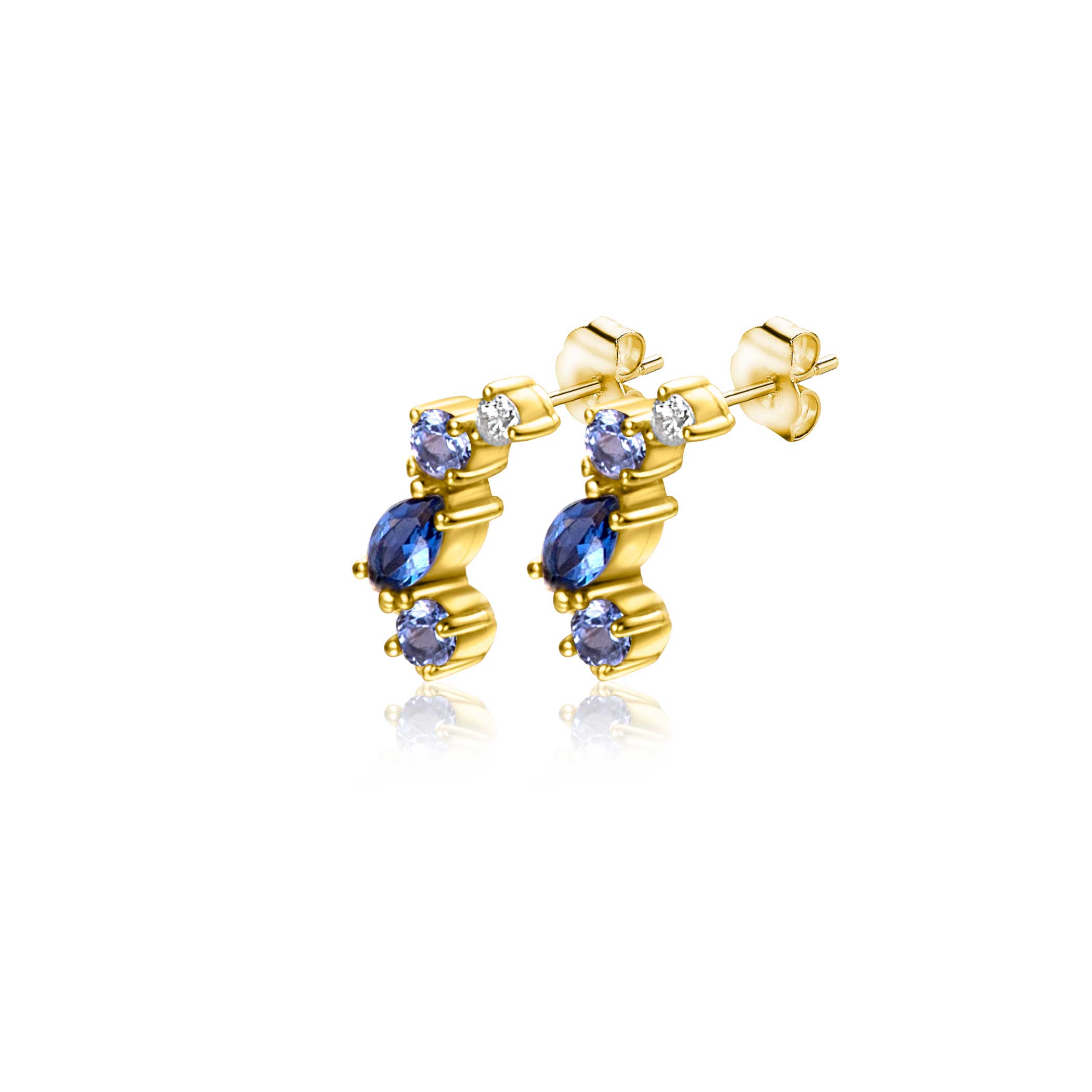 9mm ZINZI 14K Gold Fantasy Stud Earrings White, Light Blue and Dark Blue Zirconias ZGO381