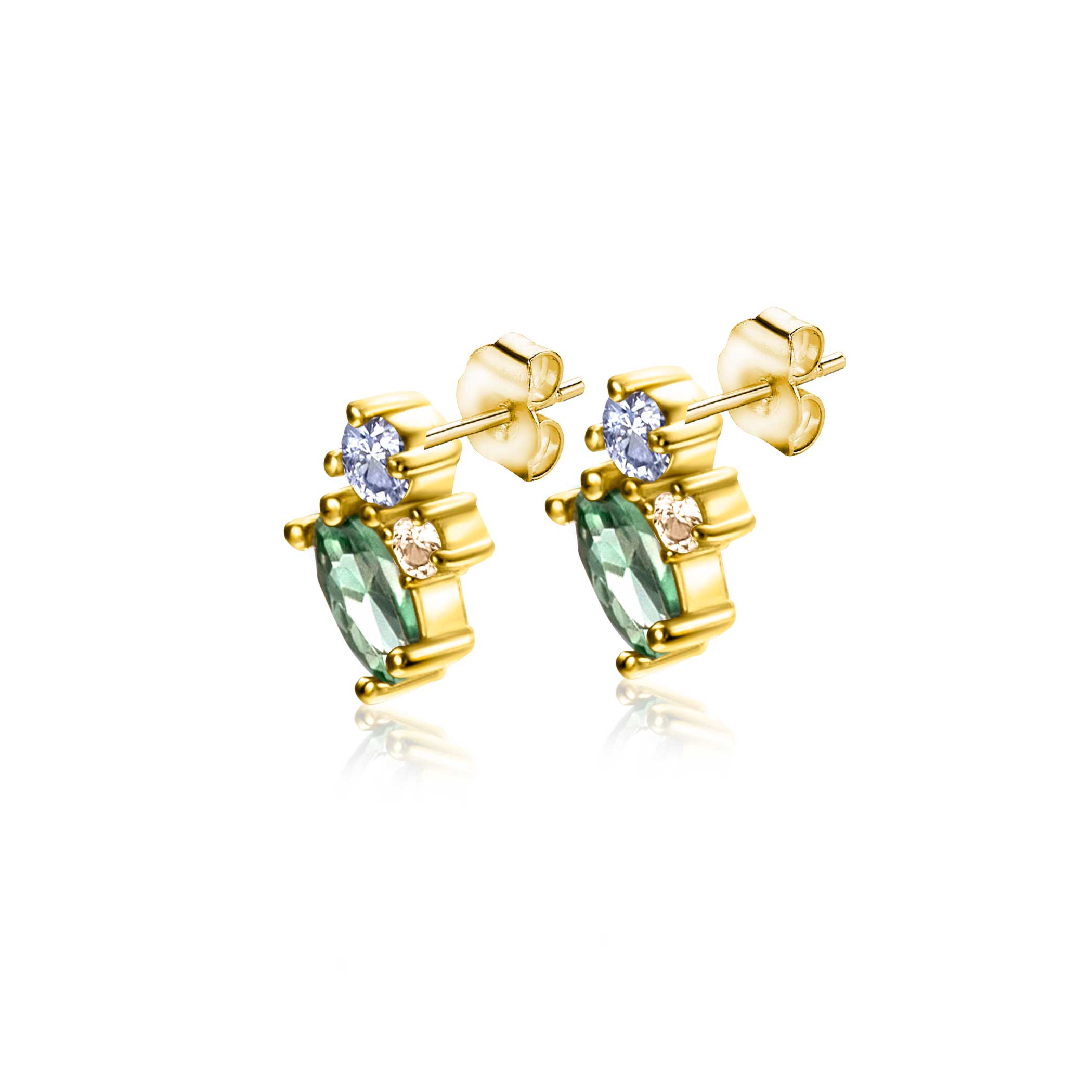 8mm ZINZI 14K Gold Fantasy Stud Earrings Champagne, Light Blue and Green Zirconias ZGO379