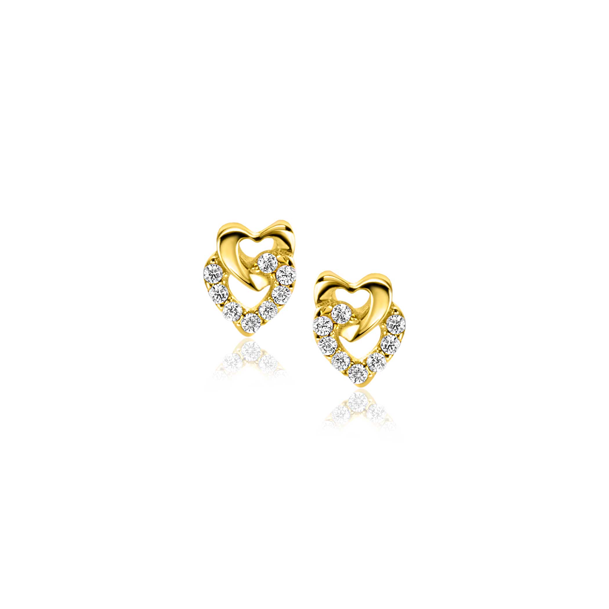 6mm ZINZI 14K Gold Stud Earrings Connected Open Hearts White Zirconias ZGO472