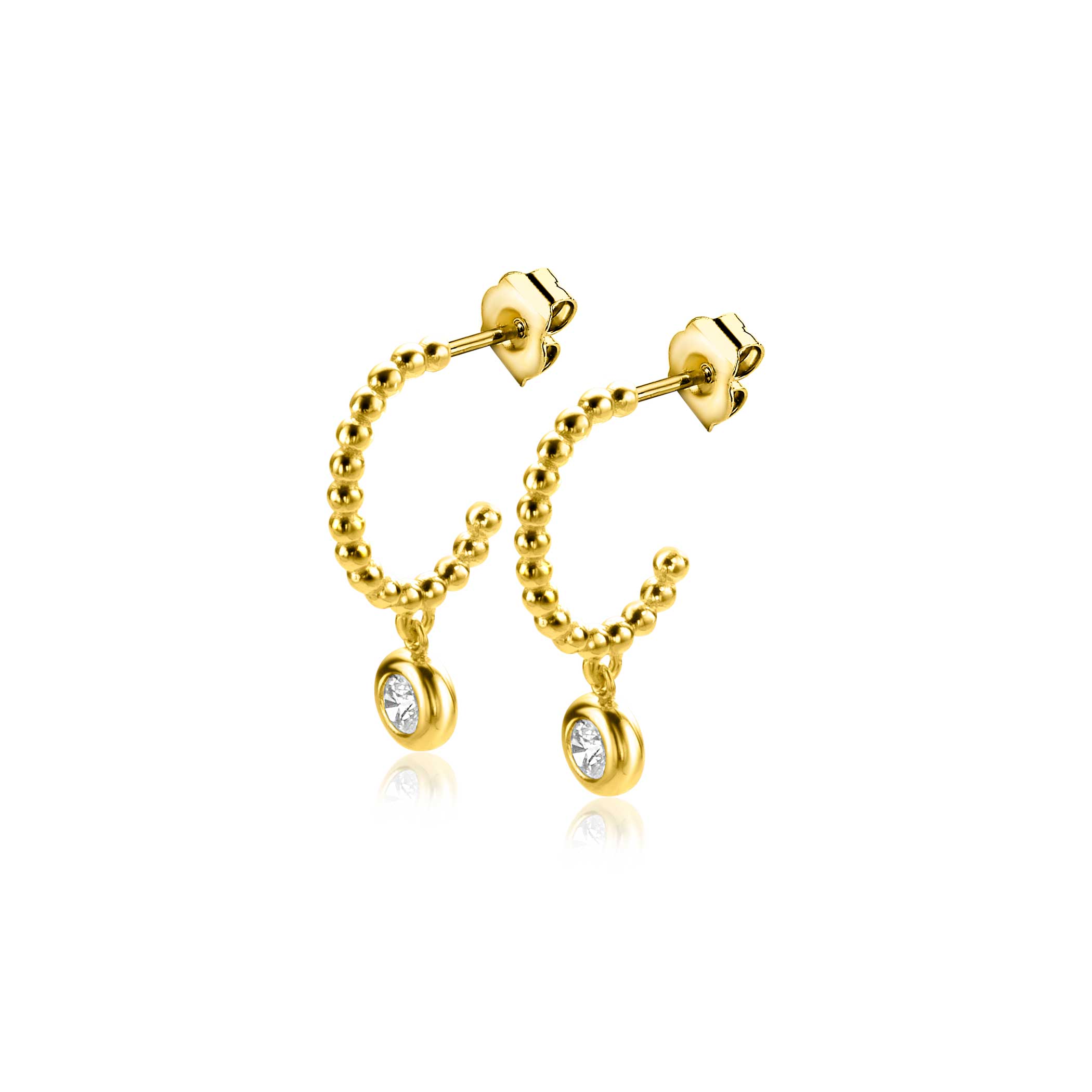18mm ZINZI 14K Gold Earrings Bead Hoops Dangling Round White Zirconias 4mm ZGO320