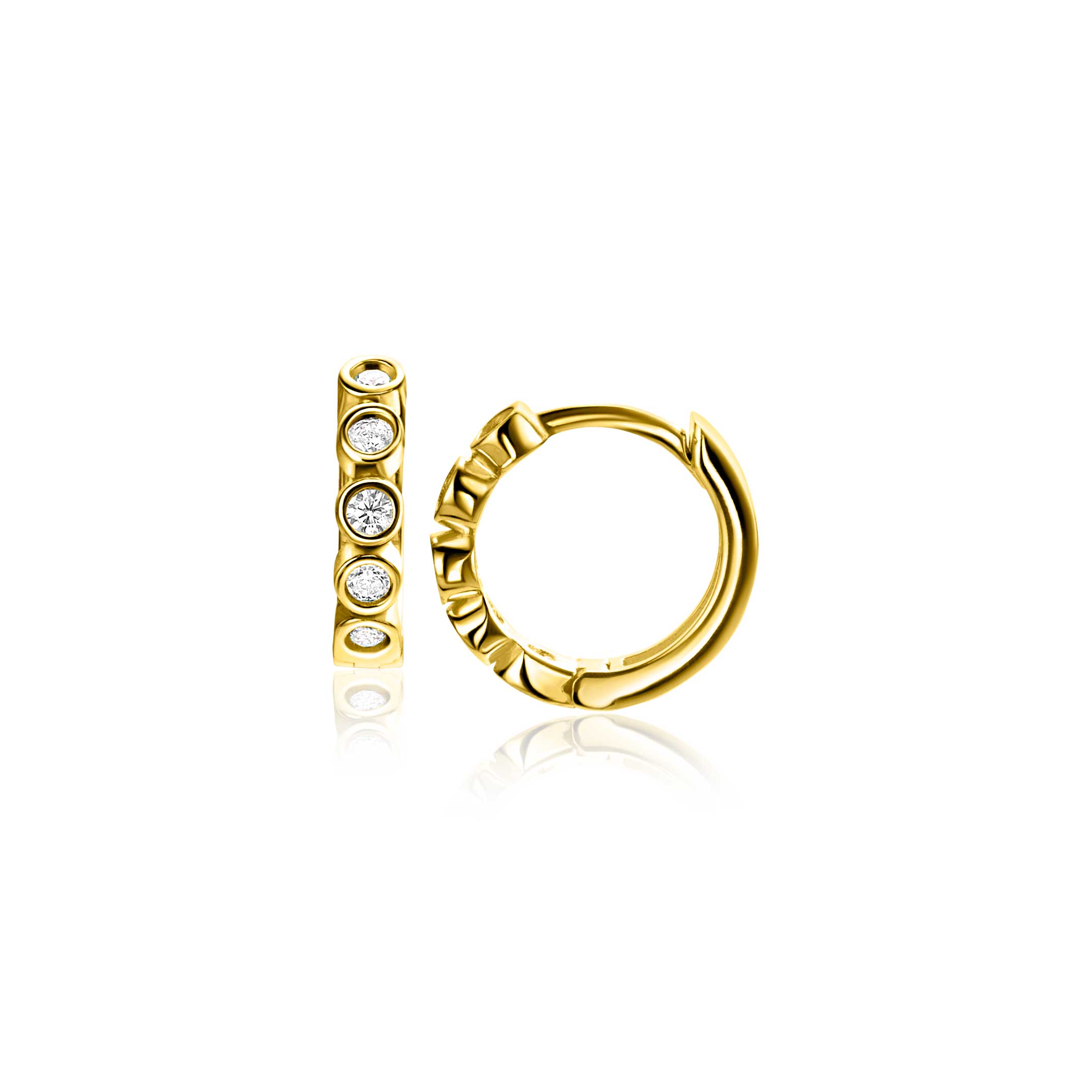 13mm ZINZI Gold 14 karat gold hoop earrings with round settings set with white zirconia stones and luxurious hinged closure 13mm x 2.7mm tube ZGO507
