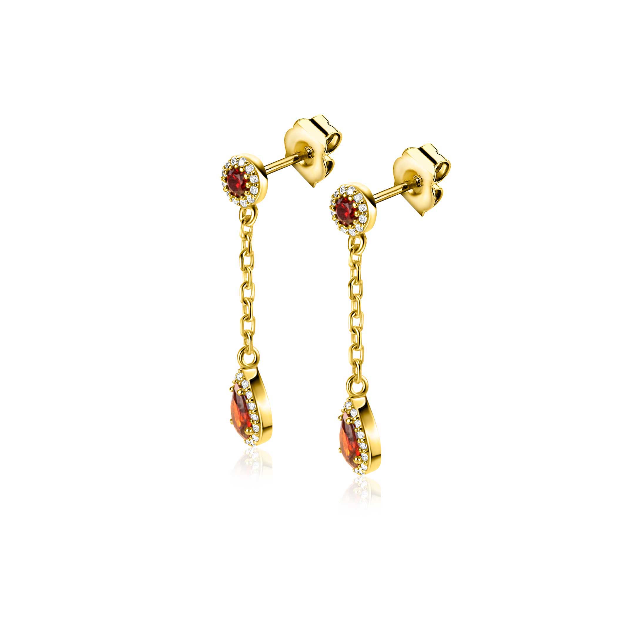 25mm ZINZI Gold Plated Sterling Silver Stud Earrings with White Zirconias, Chain and Dangling Red Garnet Color Stone ZIO2560