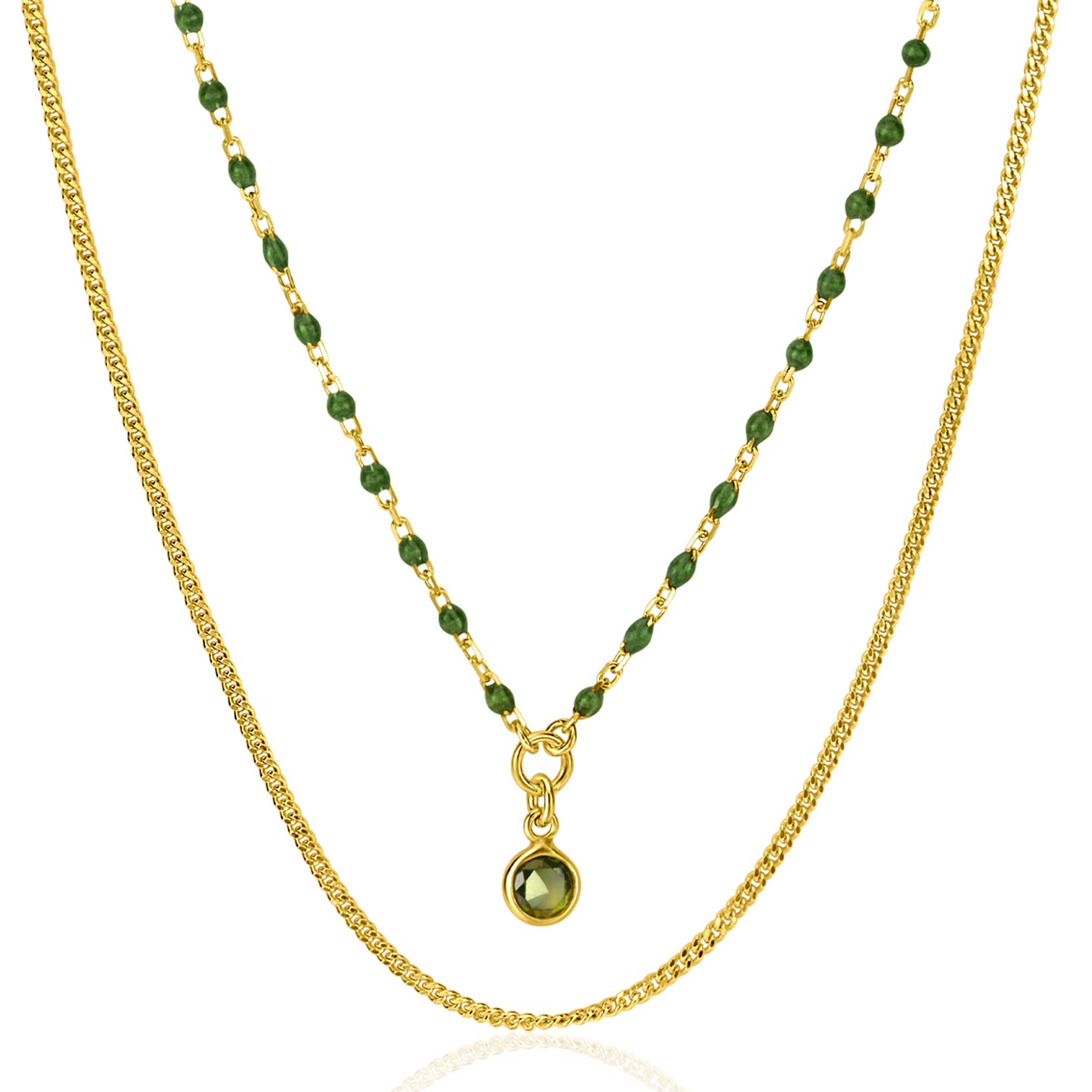 ZINZI Gold Plated Sterling Silver Multi-look Necklace Curb and Green Bead Chain with Round Setting with Olive Green Color Stone 42-45cm ZIC2528G