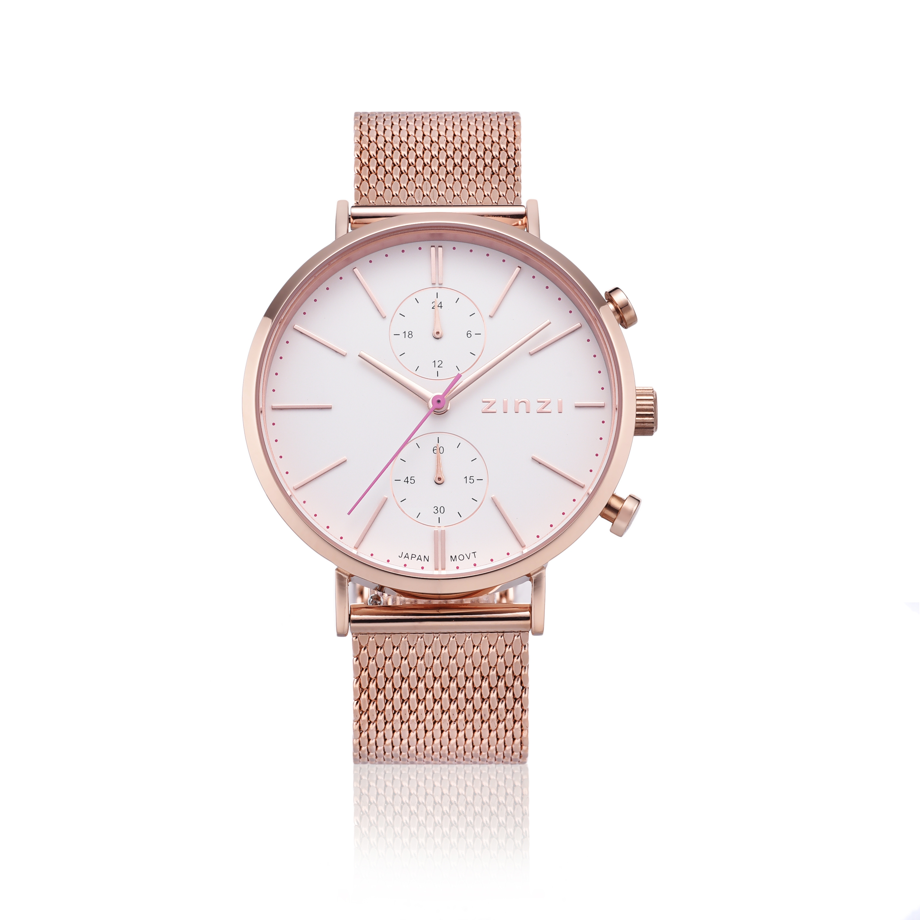 ZINZI Traveller Watch 39mm White Dial Rose Gold Colored Stainless Steel Case and Mesh Strap with dual time ZIW708M