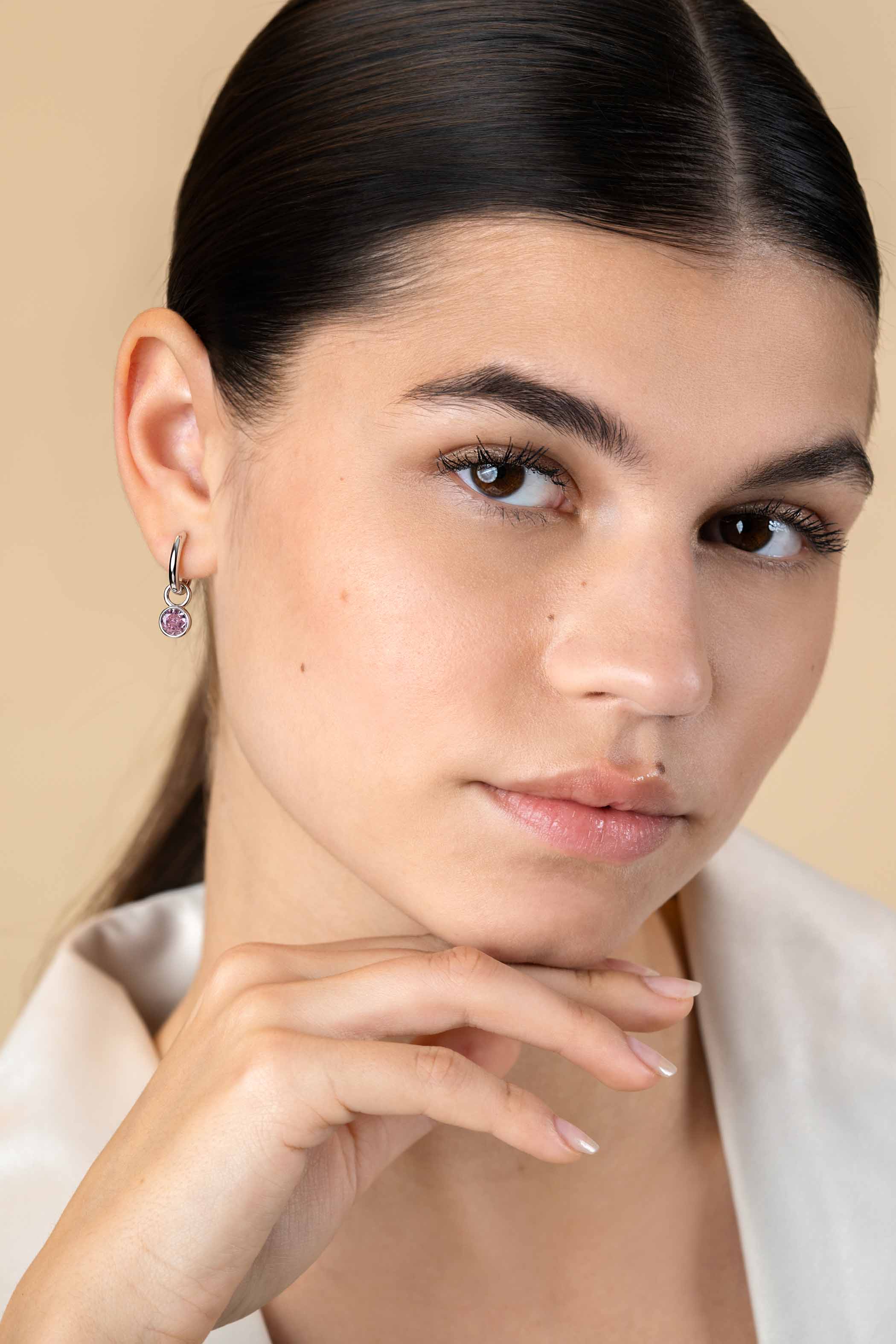 OCTOBER Earrings Pendants Sterling Silver with Birthstone Pink Rose Quartz Zirconia (excl. hoop earrings)