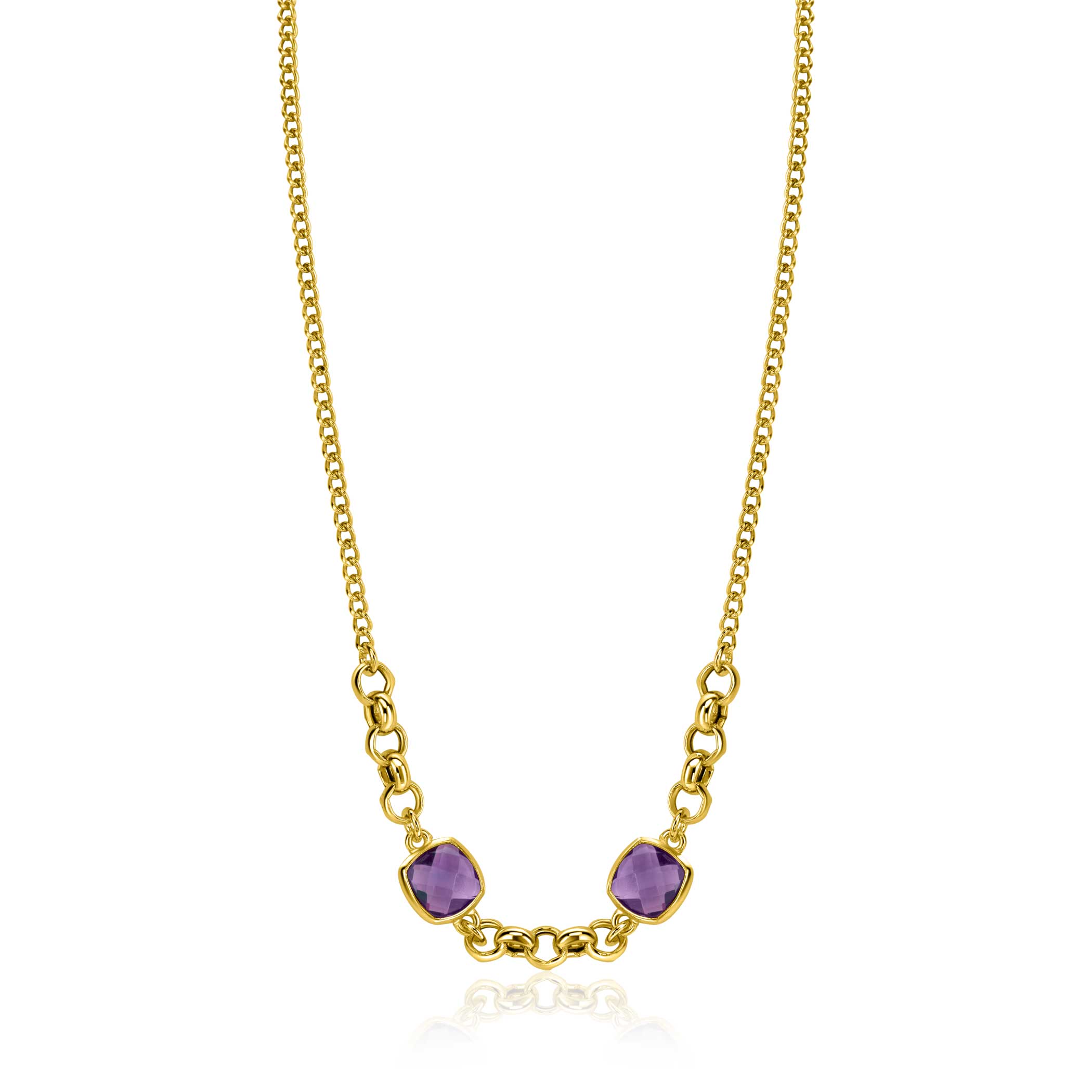 ZINZI gold-plated silver gourmet link necklace with two square purple gemstones, 40-45cm, ZIC-BF122