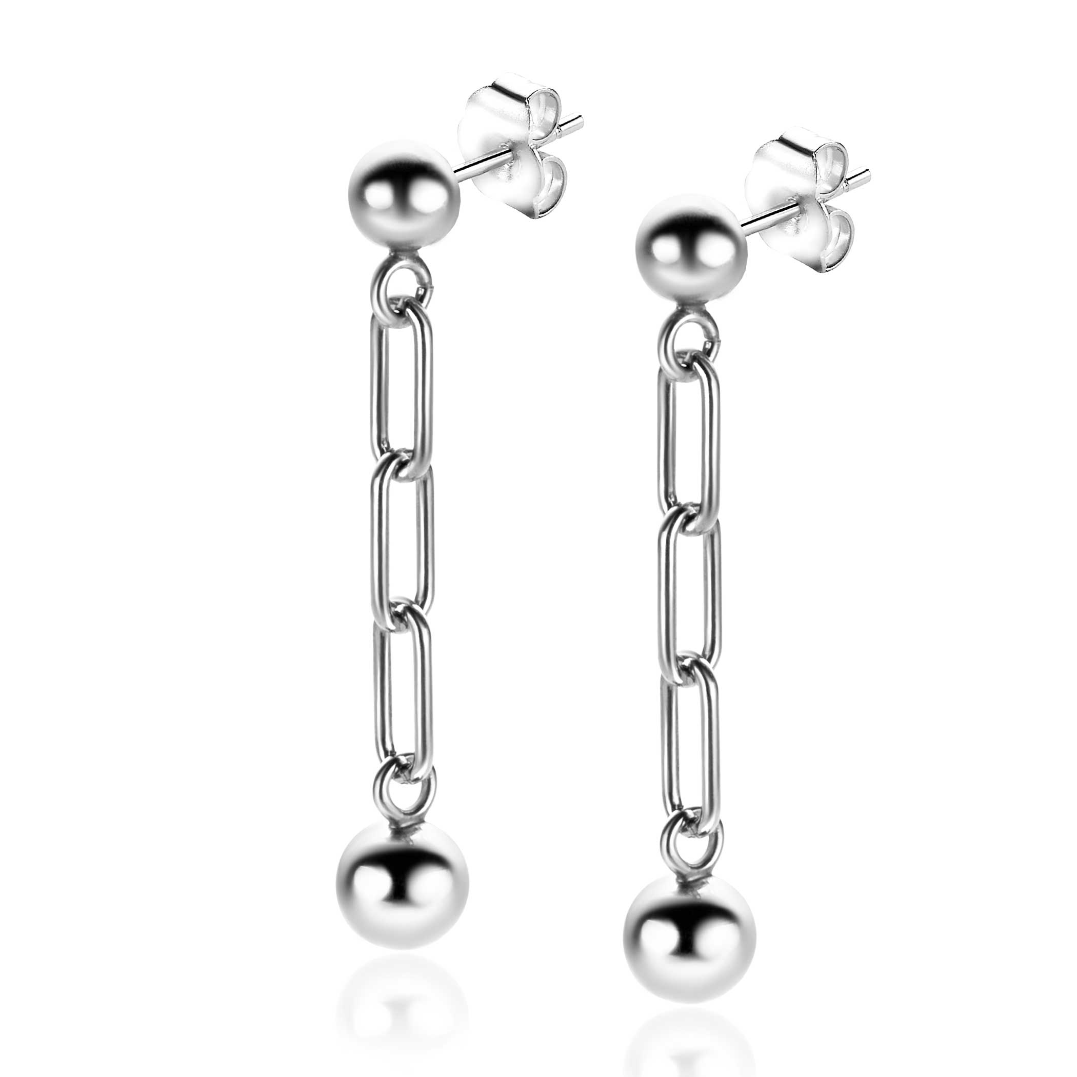 38mm ZINZI Sterling Silver Stud Earrings with Oval Chains and Dangling Bead 6mm ZIO2541