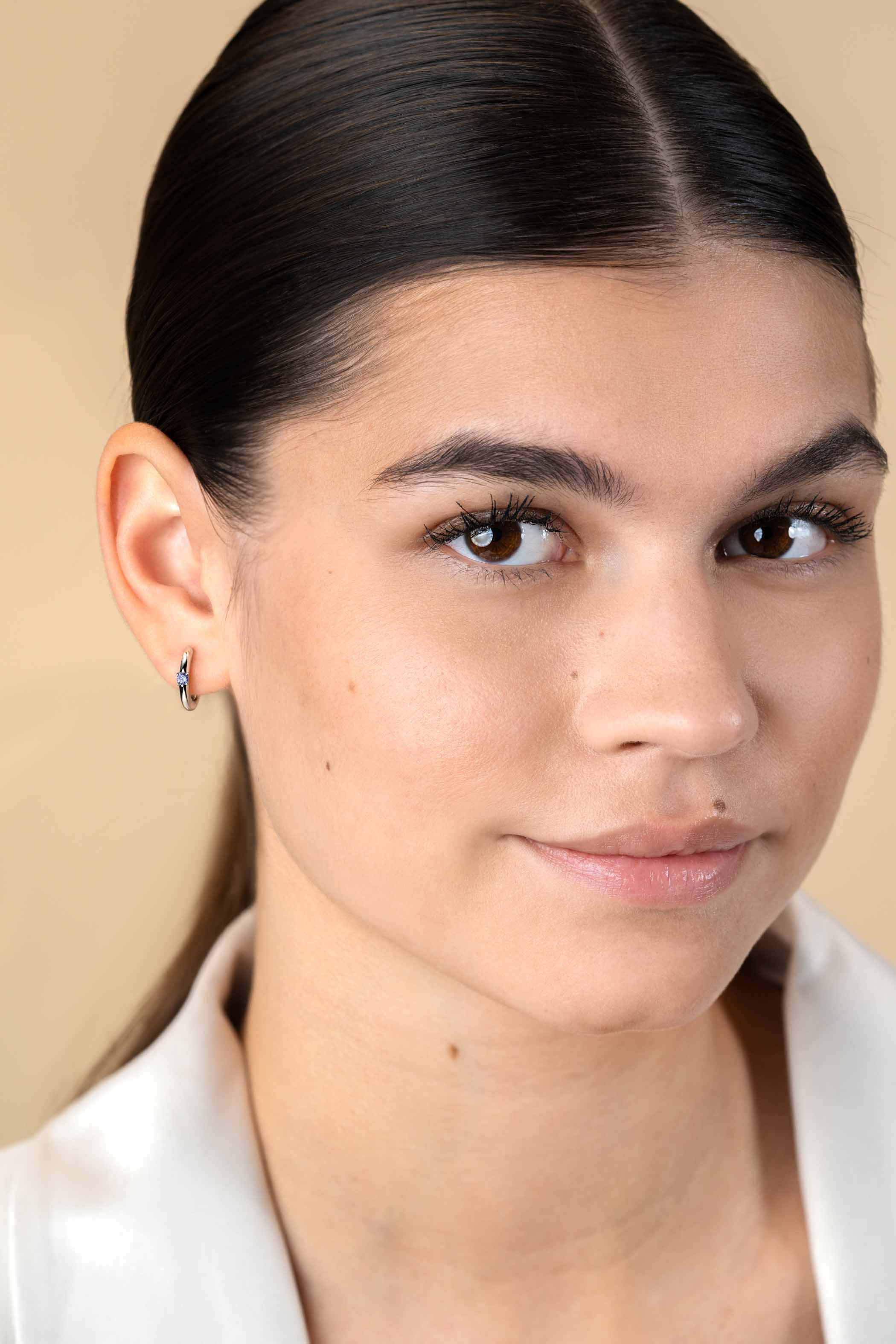 FEBRUARY Hoop Earrings 13mm Sterling Silver with Birthstone Purple Amethyst Zirconia