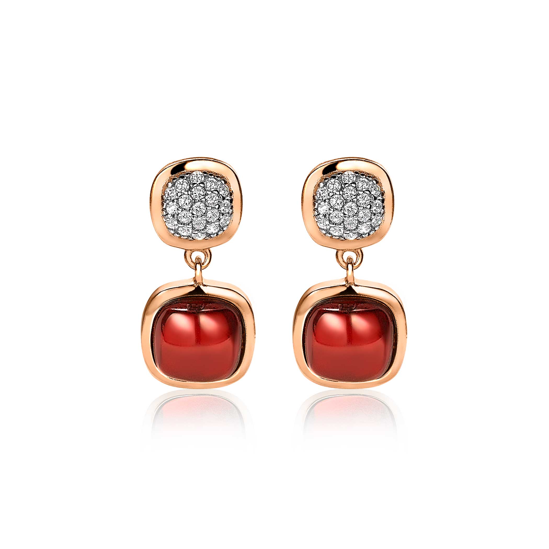 ZINZI Rose Gold Plated Sterling Silver Stud Earrings Square Red White ZIO1717