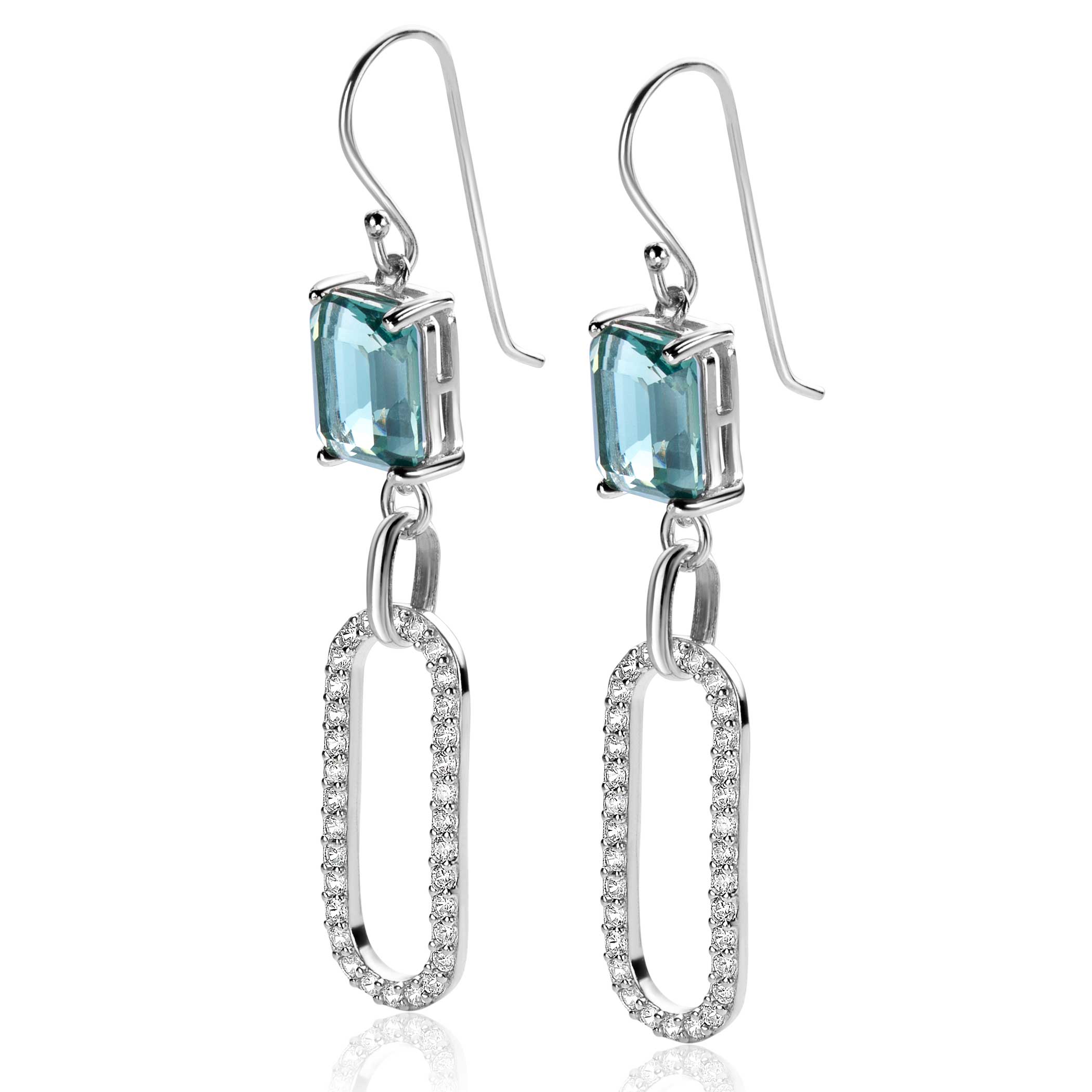 58mm ZINZI Sterling Silver Drop Earrings with Beautiful Oval link,White Zirconias and Greenish-Blue (Petrol) Color Stone in Prong Setting ZIO2487L