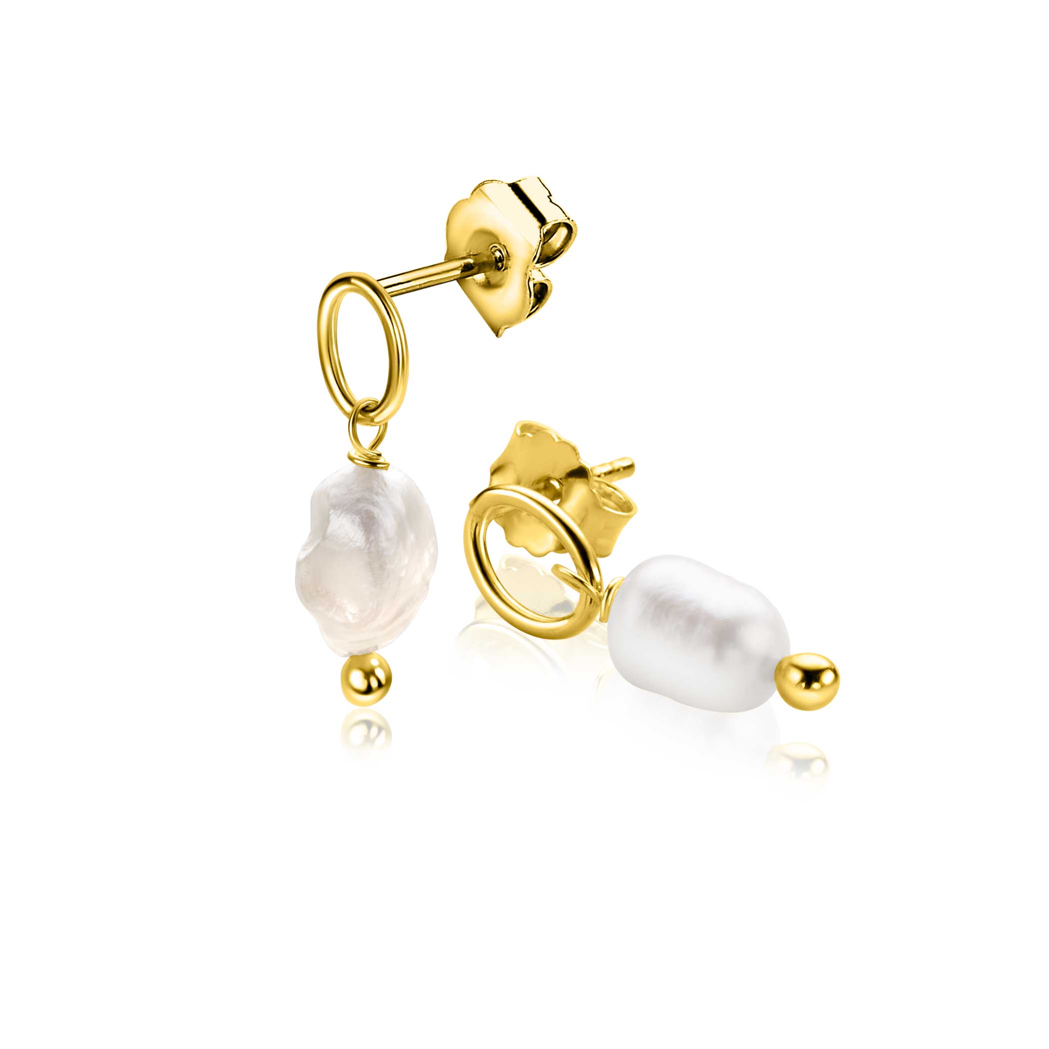21mm ZINZI gold-plated silver stud earrings with an openwork circle, featuring a dangling white freshwater pearl, ZIO-BF112G