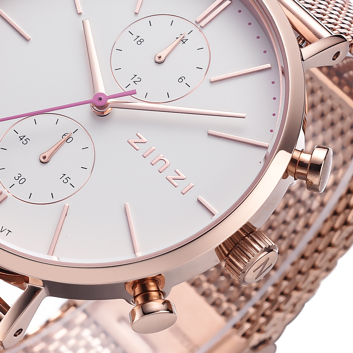 ZINZI Traveller Watch 39mm White Dial Rose Gold Colored Stainless Steel Case and Mesh Strap with dual time ZIW708M