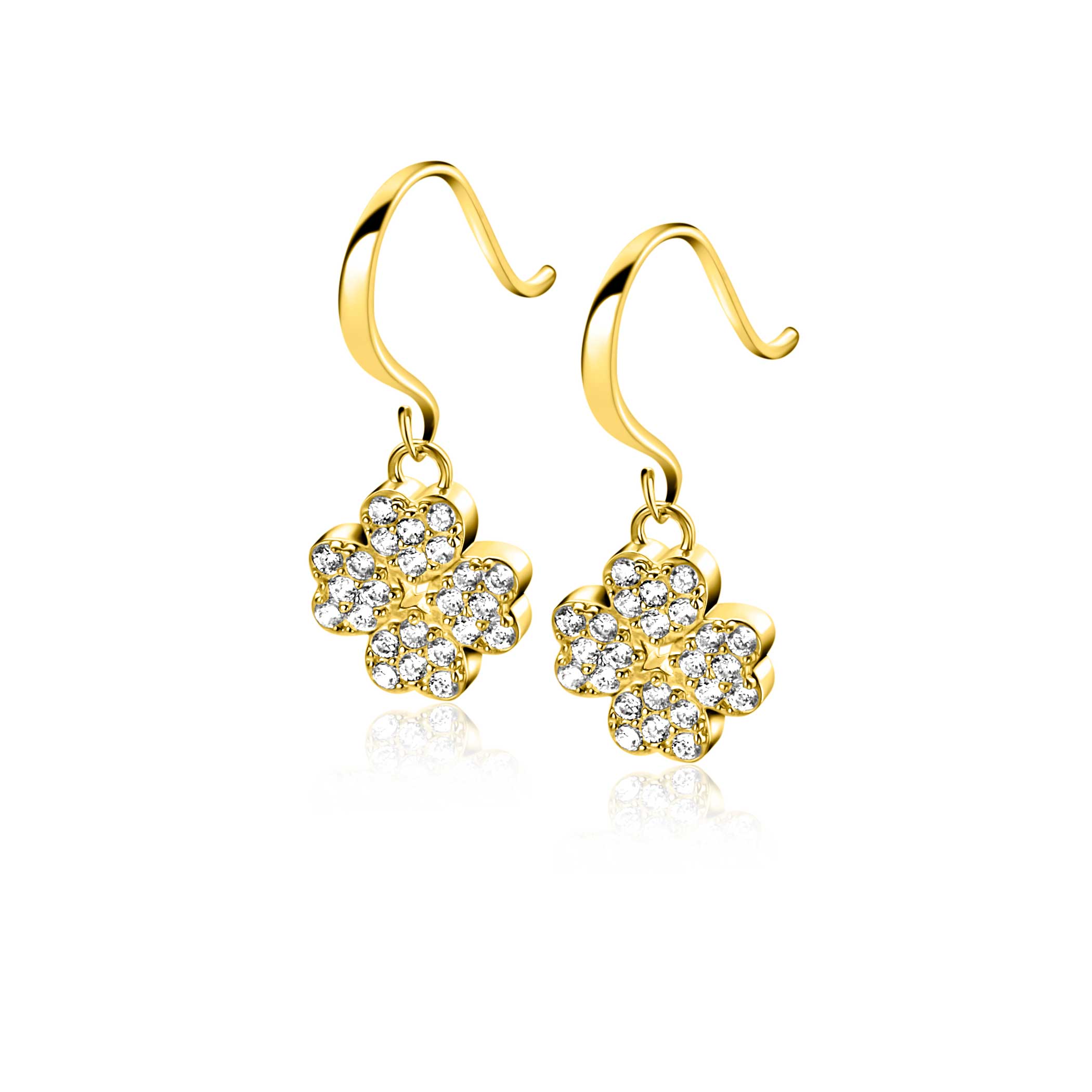 17mm ZINZI gold-plated silver drop earrings with a four-leaf clover adorned with white zirconia, ZIO-BF131