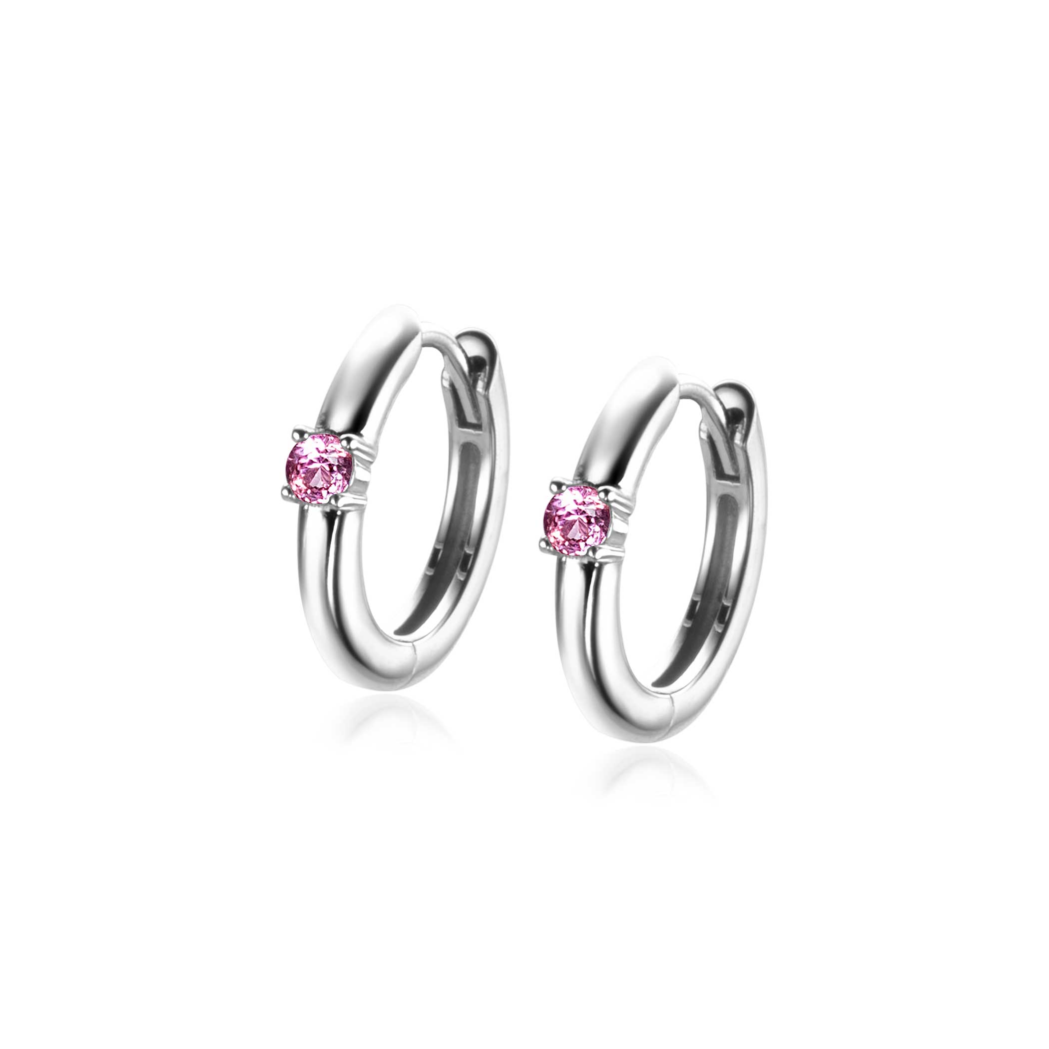 OCTOBER Hoop Earrings 13mm Sterling Silver with Birthstone Pink Rose Quartz Zirconia