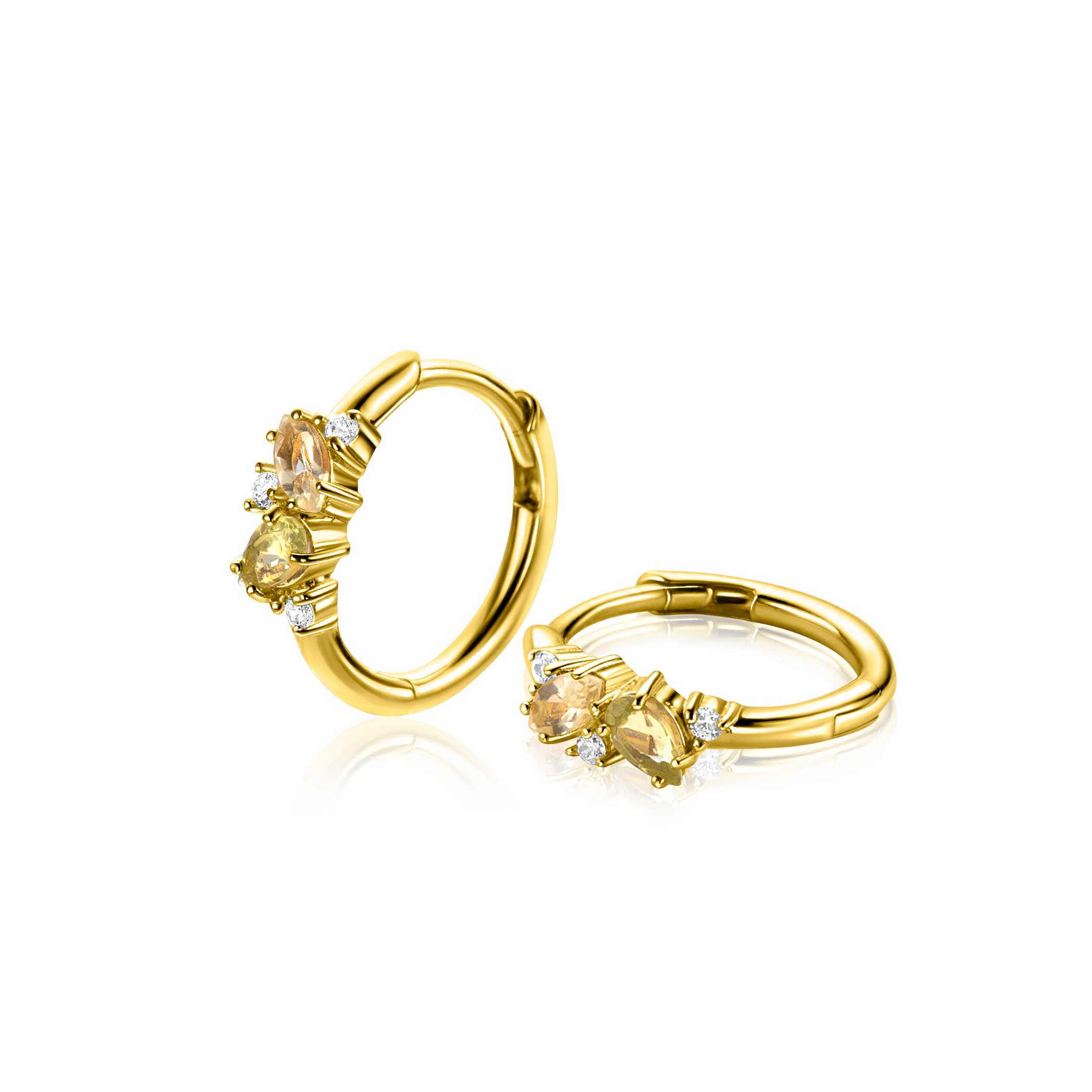 15mm ZINZI gold-plated silver hoops adorned with champagne, peridot, and white zirconia, featuring a luxury clasp closure, ZIO-BF120