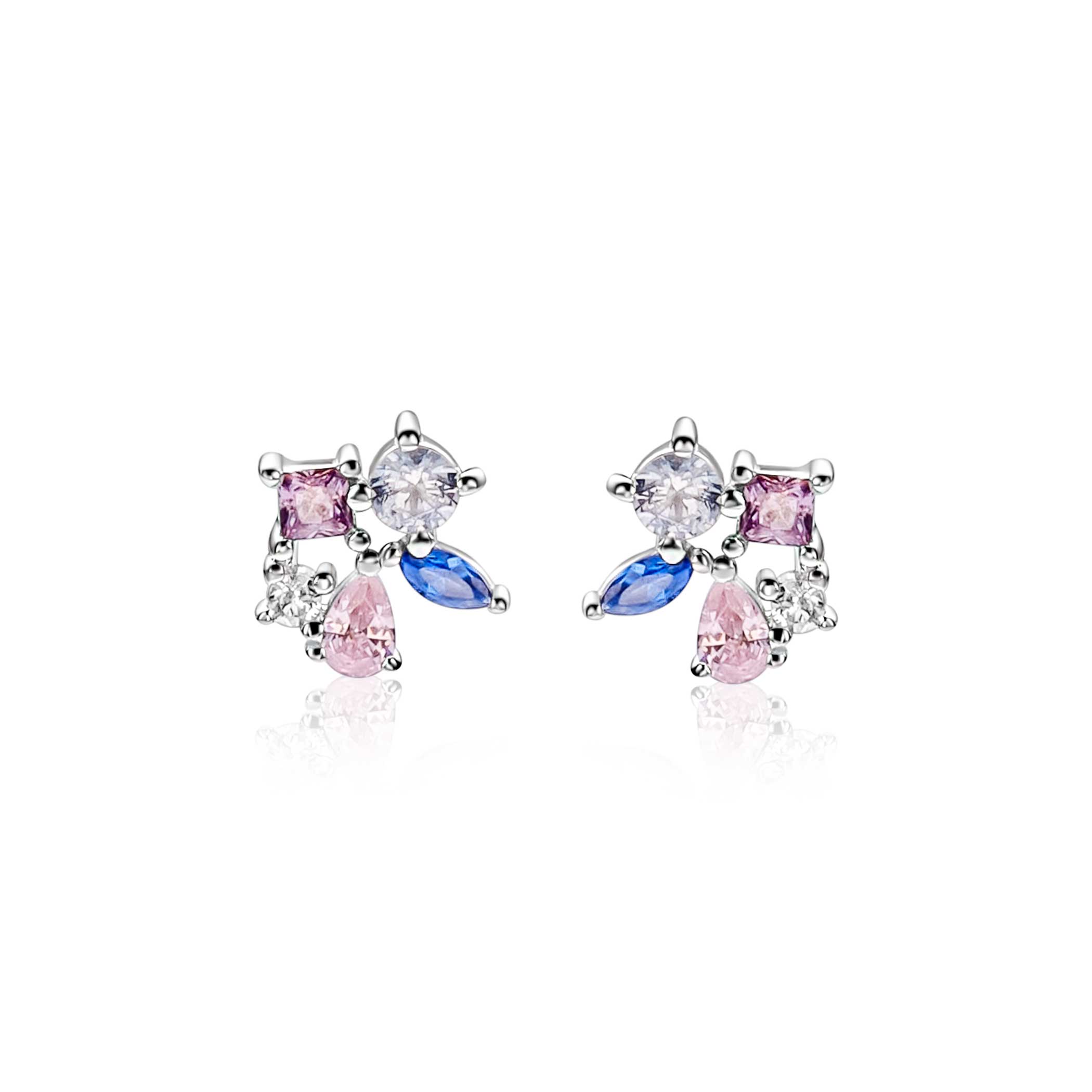 ZINZI zlv. oorknopjes fant.roze/paars/blauw/zirc