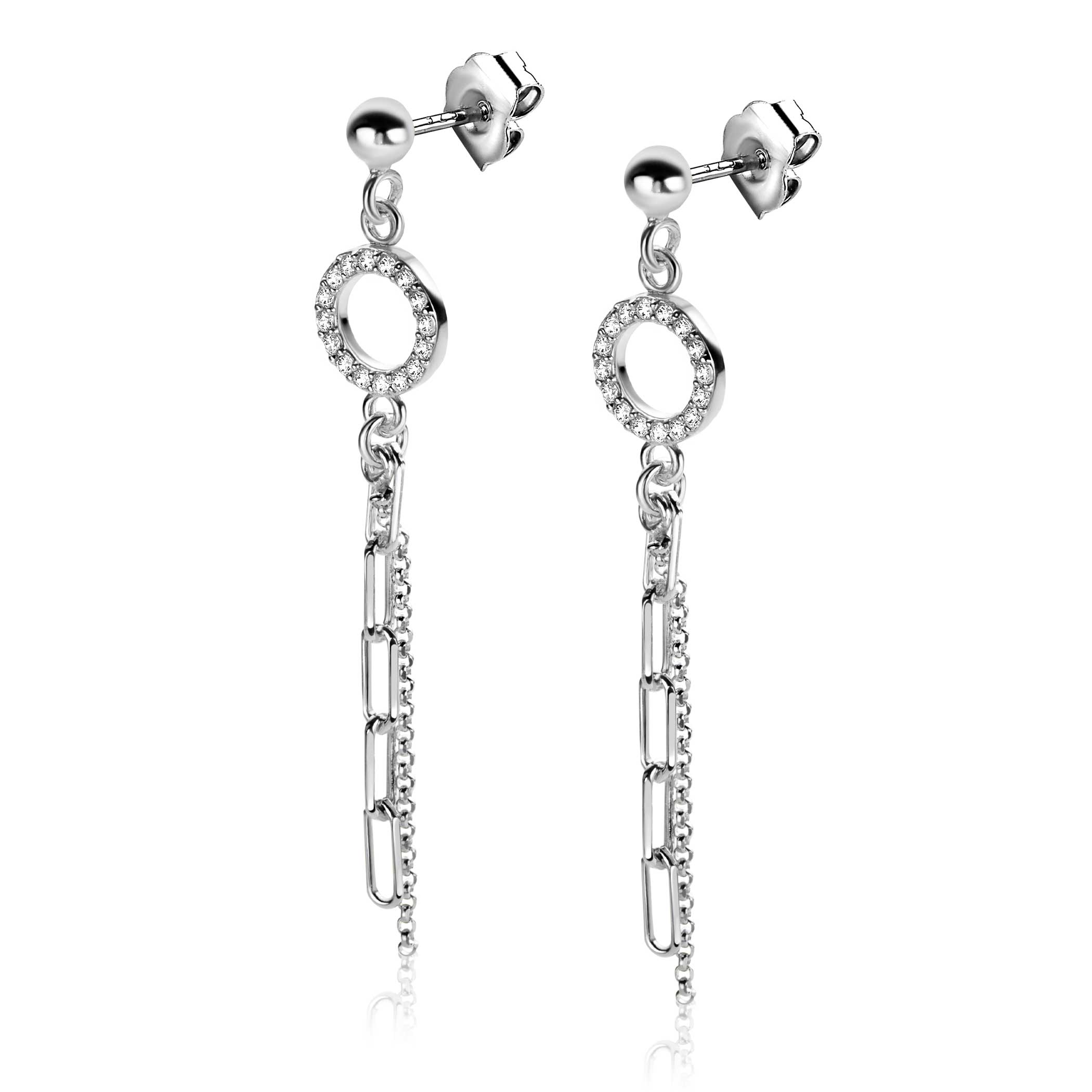46mm ZINZI Sterling Silver Stud Earrings Open Circle White Zirconias with Dangling Paperclip and Curb Chain ZIO2464