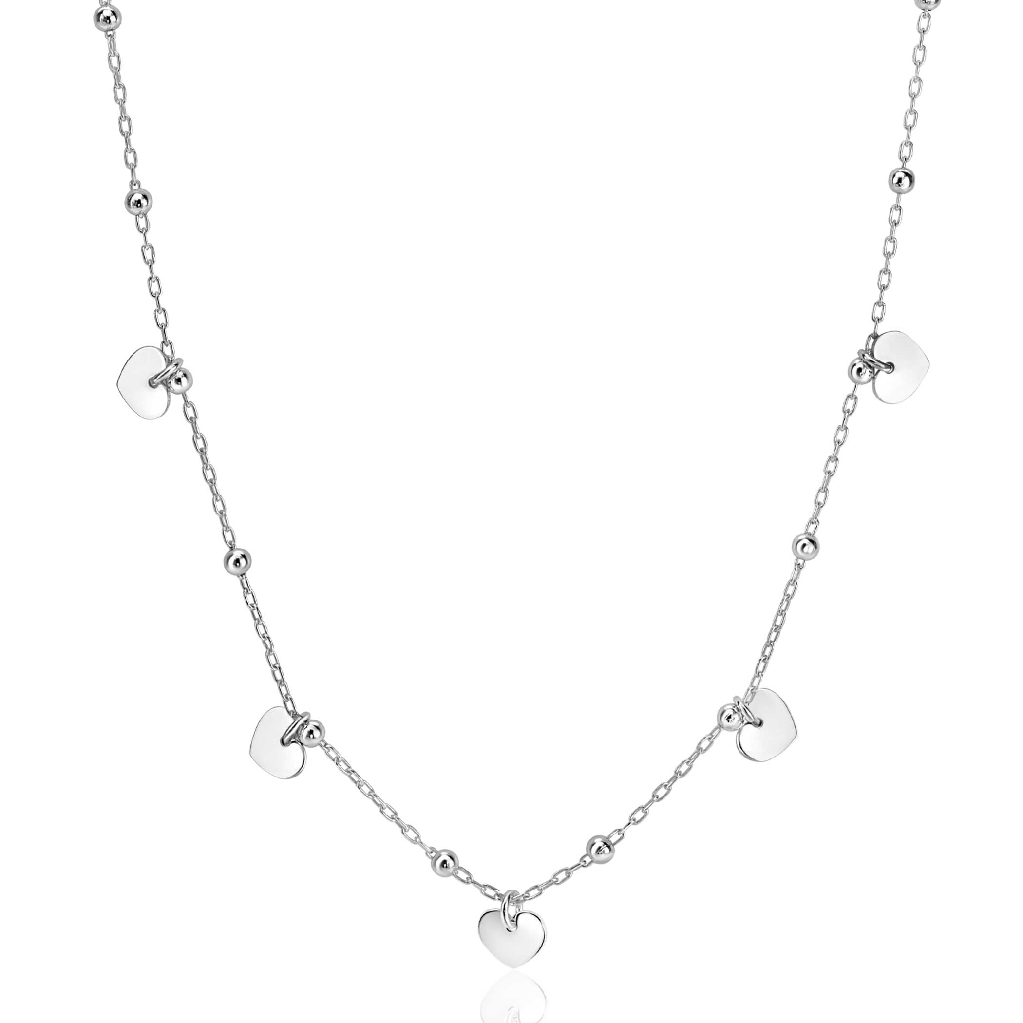 ZINZI Sterling Silver Chain Necklace with Beads and 5 Shiny Heart Charms 42-45cm ZIC2531