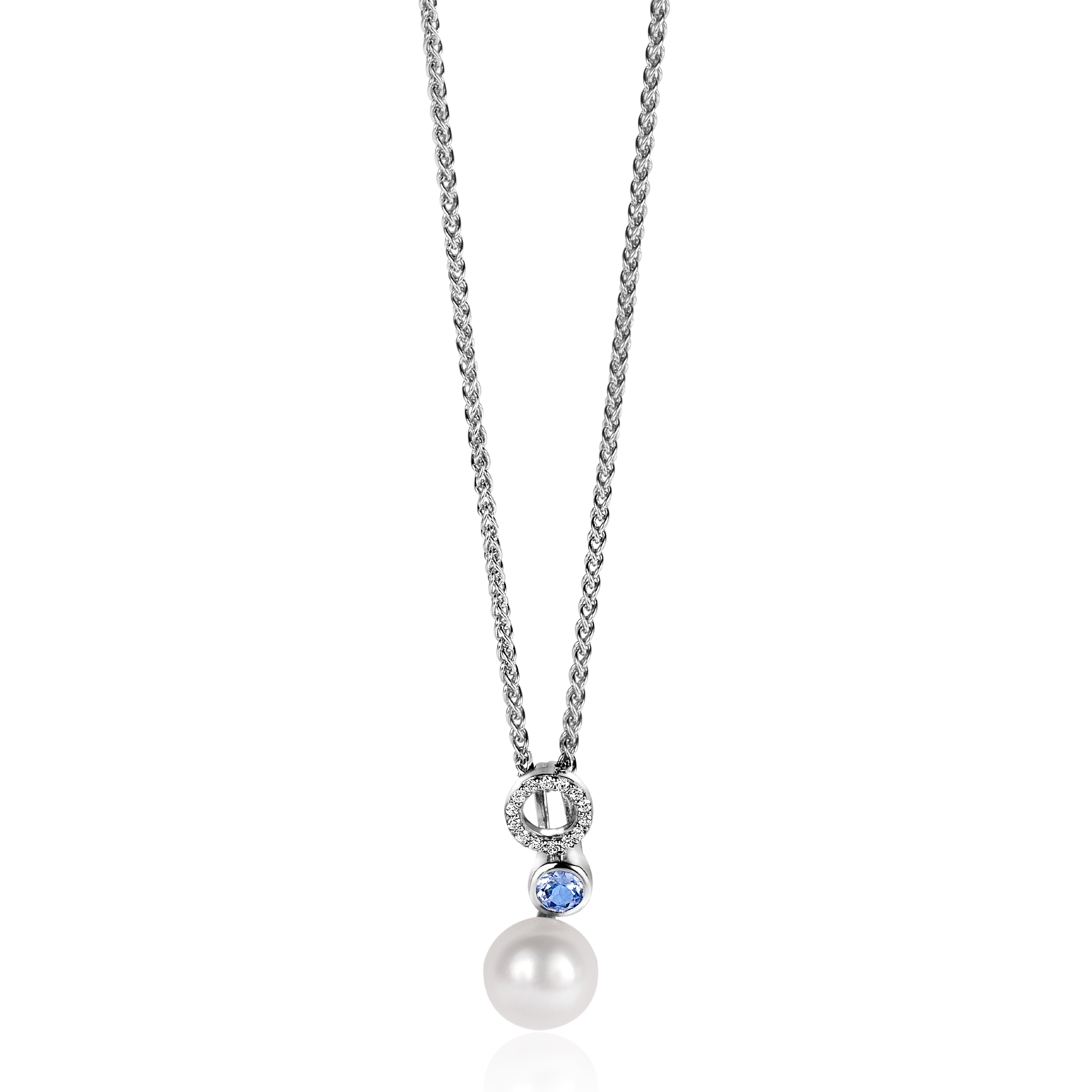 20mm ZINZI Sterling Silver Pendant White Pearl, Round Light Blue Color Stone and Open Circle Set with White Zirconias ZIH2442 (excl. necklace)
