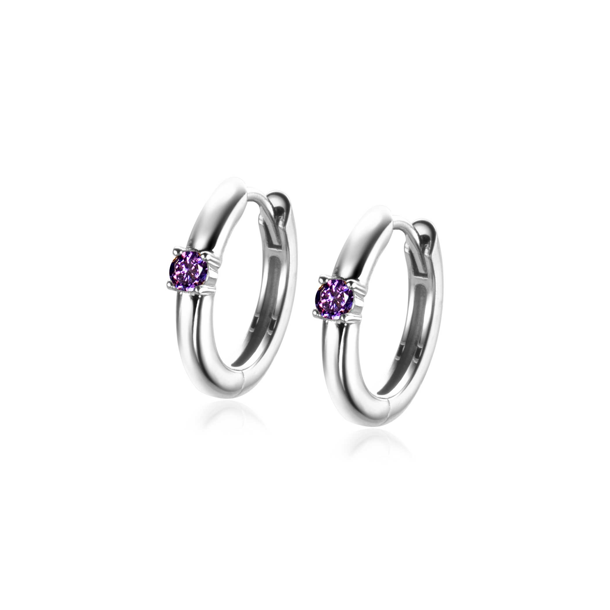 FEBRUARY Hoop Earrings 13mm Sterling Silver with Birthstone Purple Amethyst Zirconia