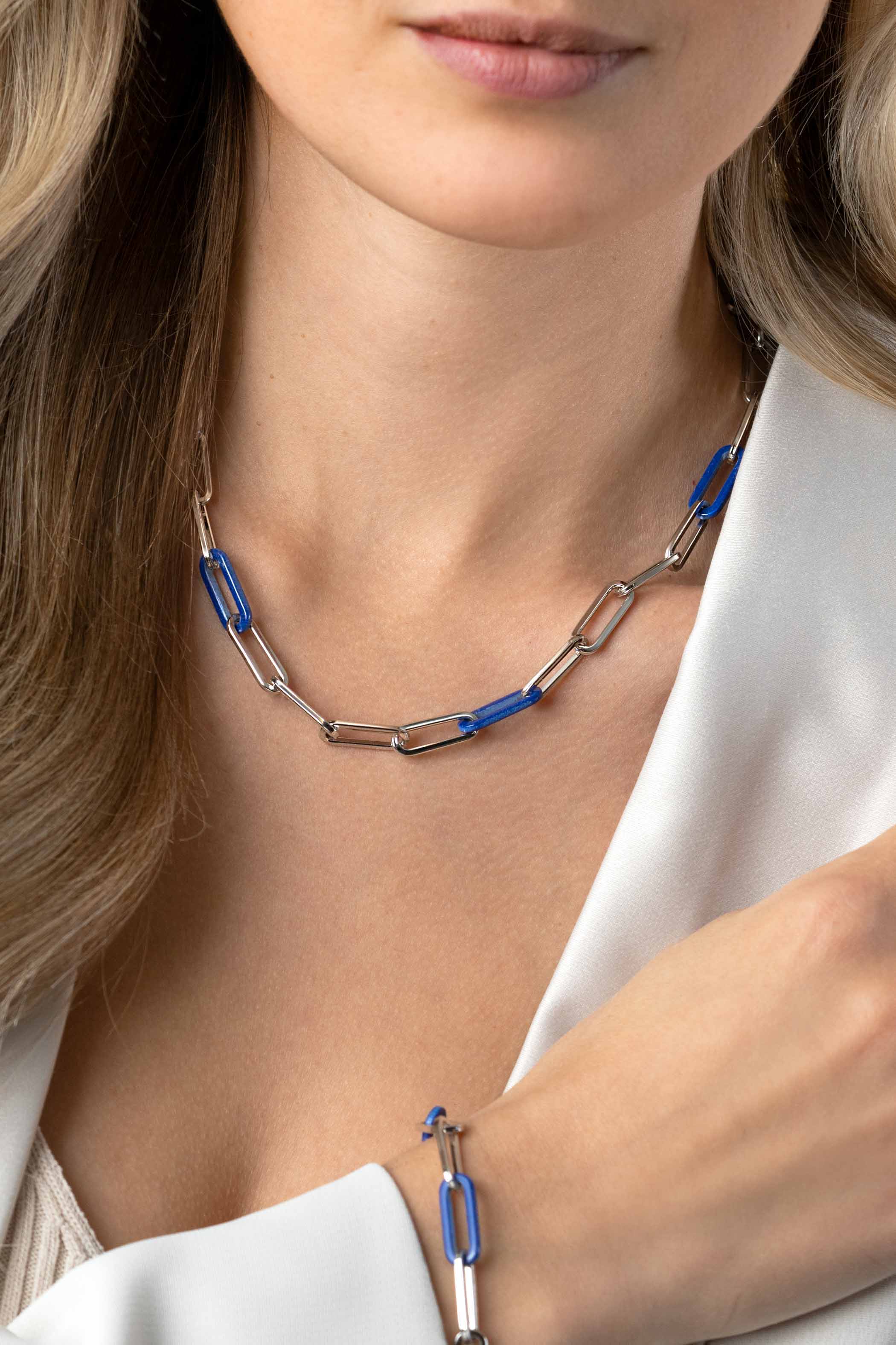 ZINZI Sterling Silver Necklace Paperclip Chain with Trendy Chains in Lapis Blue 45cm ZIC2549