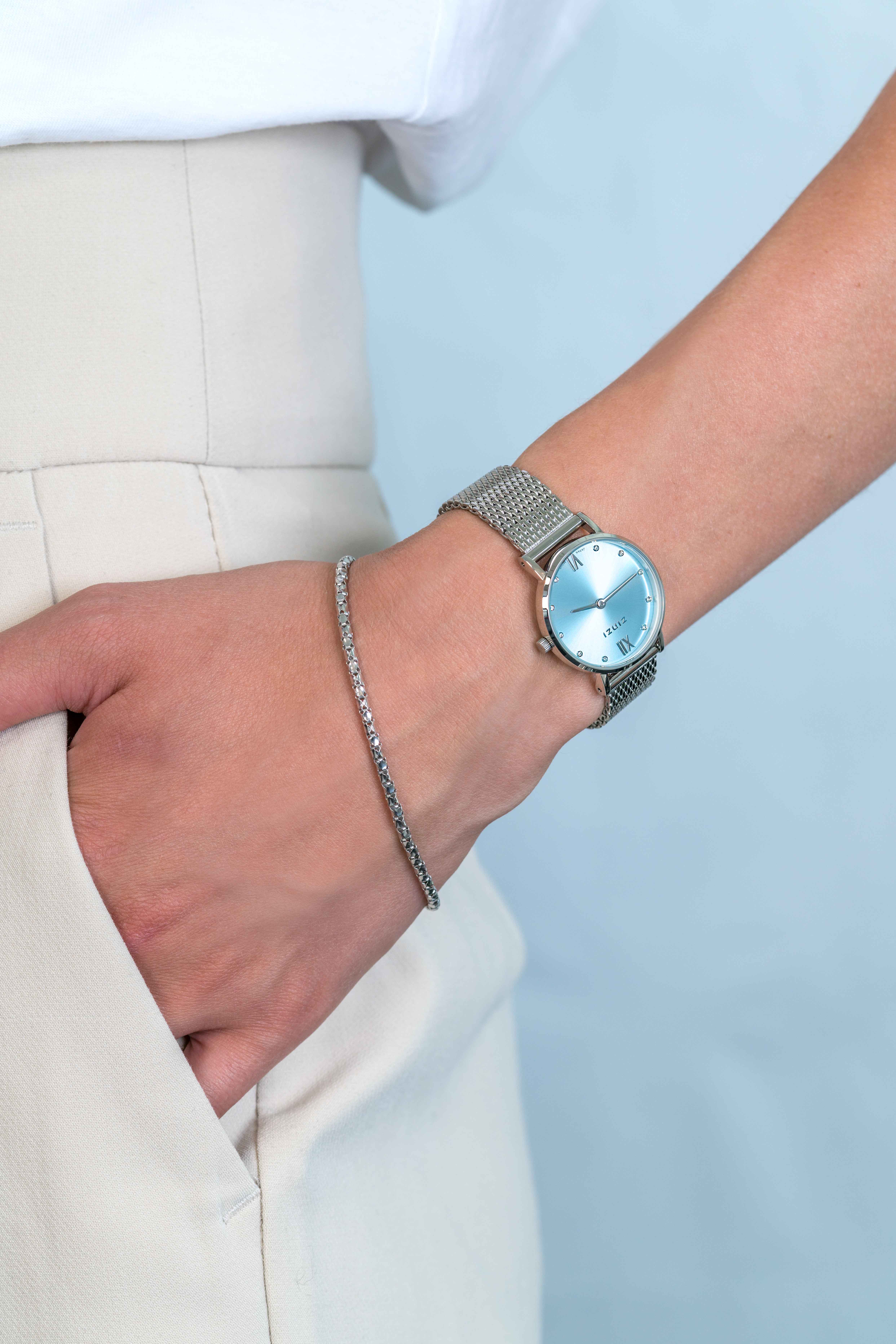 ZINZI Lady Crystal Watch 28mm Ice Blue Dial with White Crystals Stainless Steel Case and Mesh Strap ZIW645M