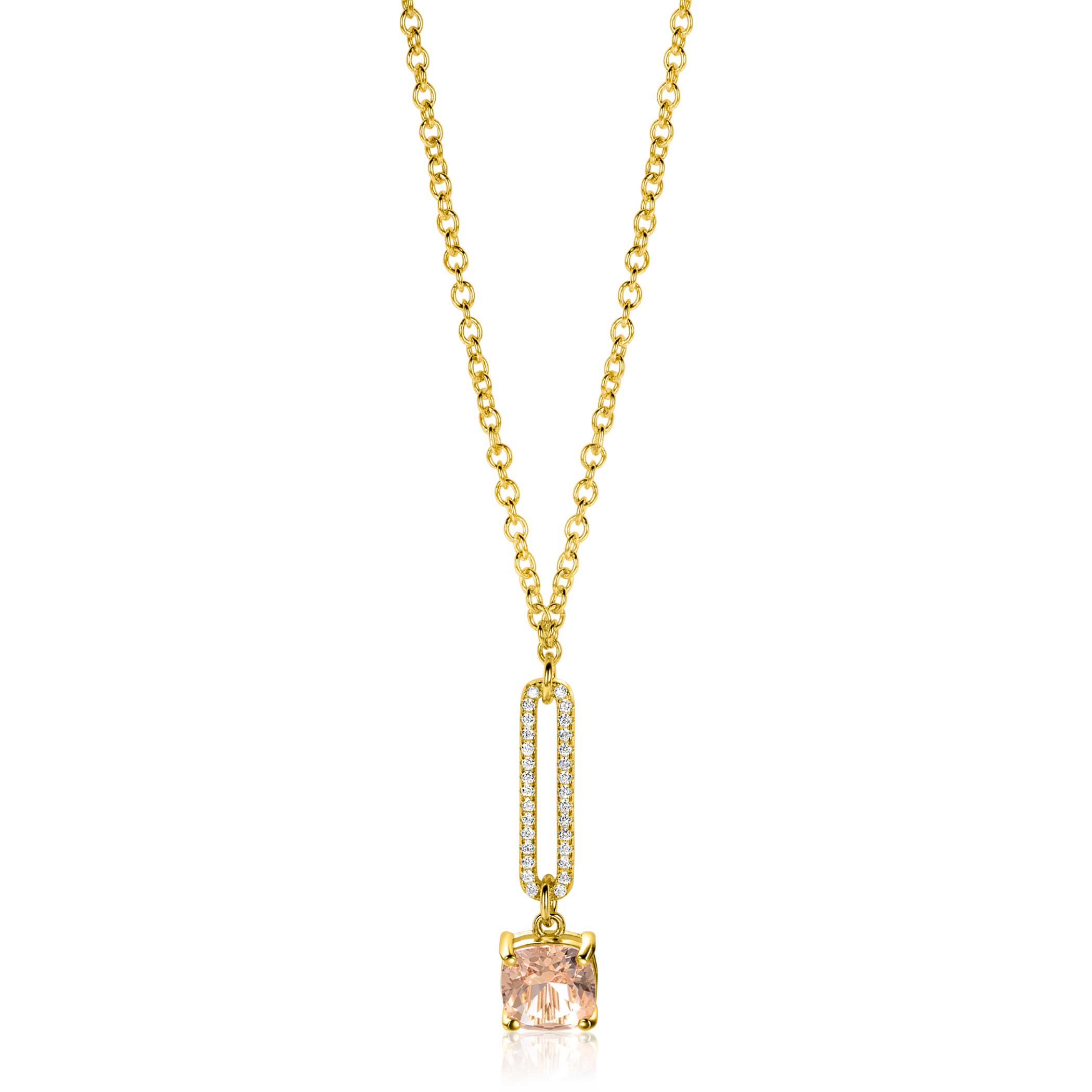 ZINZI gold plated silver belcher chain necklace with dazzling open oval shape and square pendant in light pink 42-45cm ZIC2579
