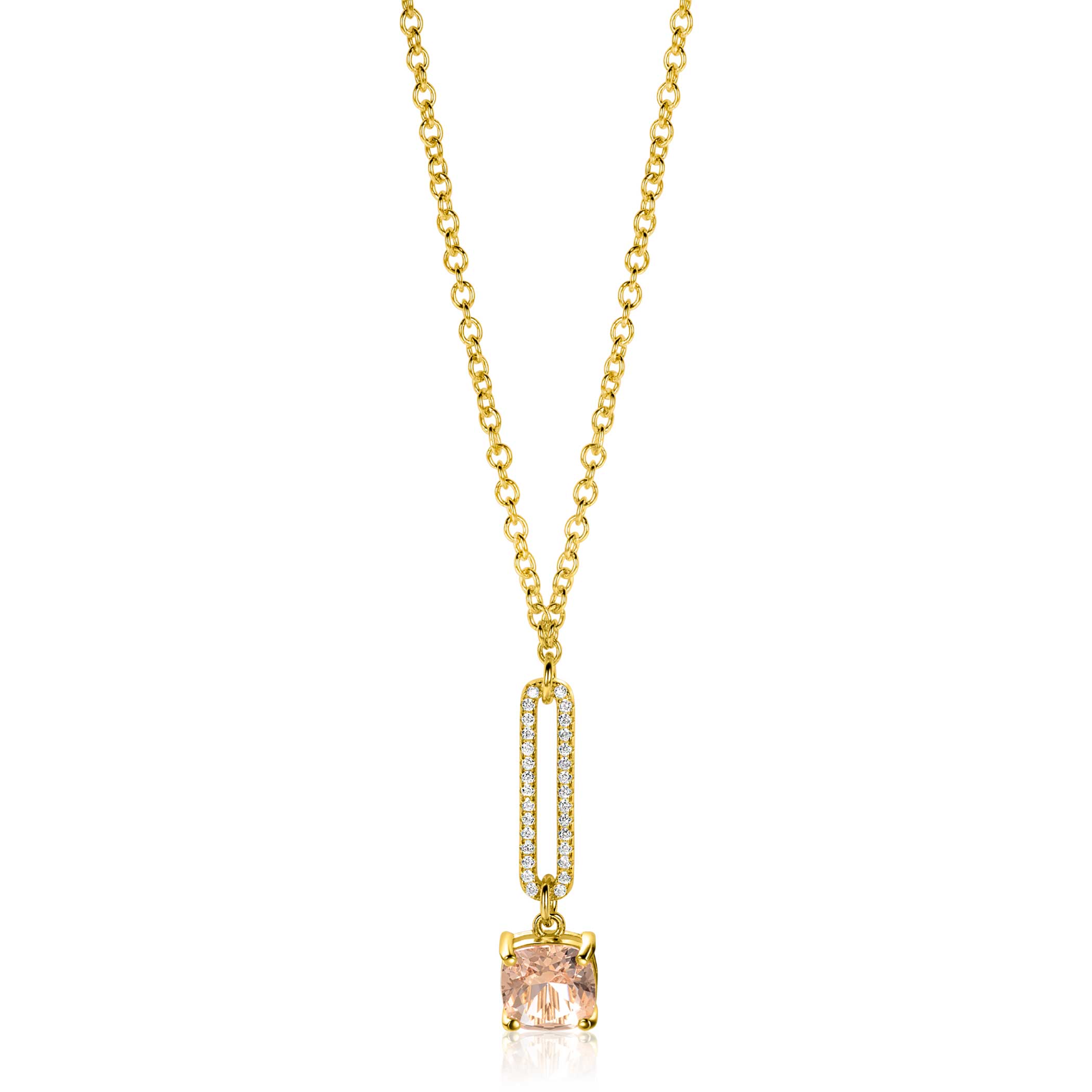 ZINZI gold plated silver belcher chain necklace with dazzling open oval shape and square pendant in light pink 42-45cm ZIC2579
