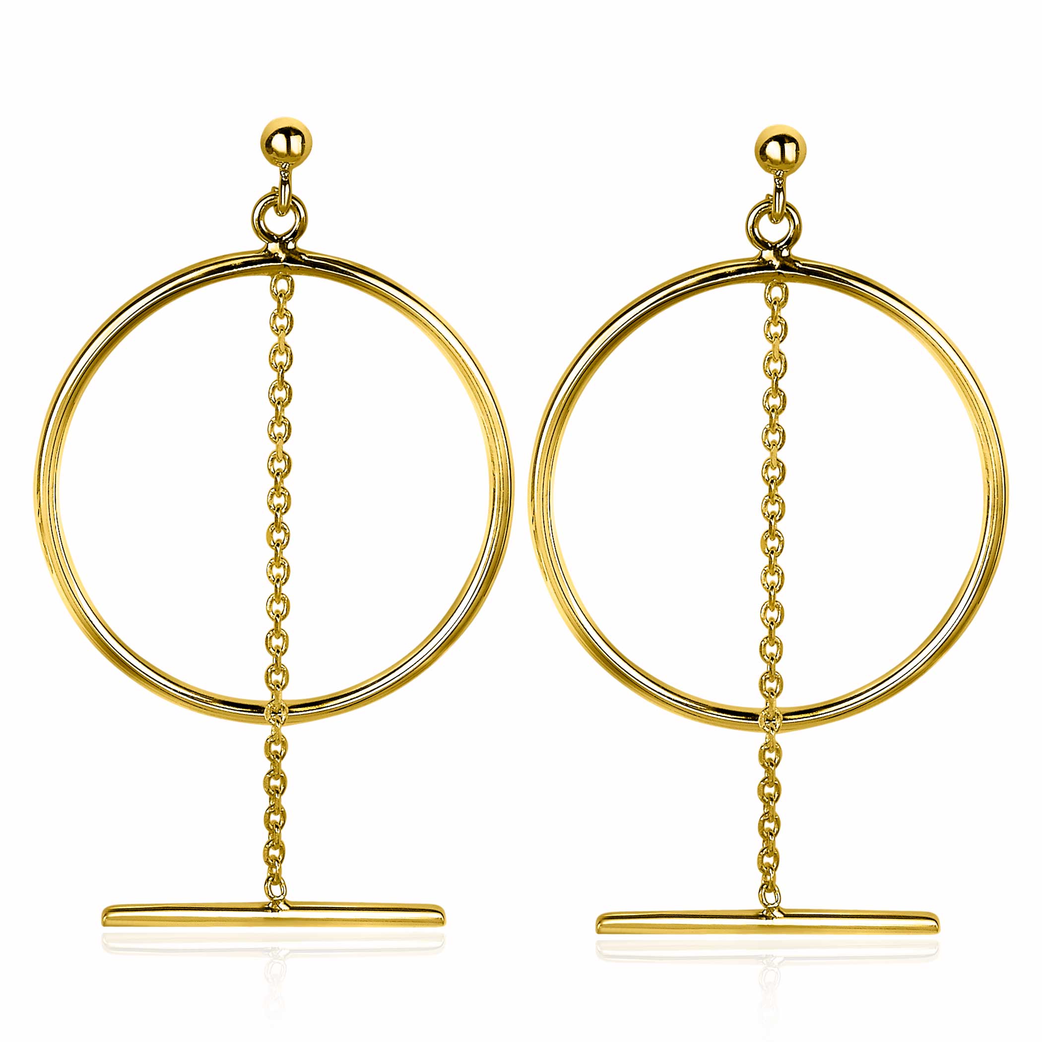 55 mm ZINZI Gold Plated Sterling Silver Earrings Open Circle with Chain and Bar ZIO2098