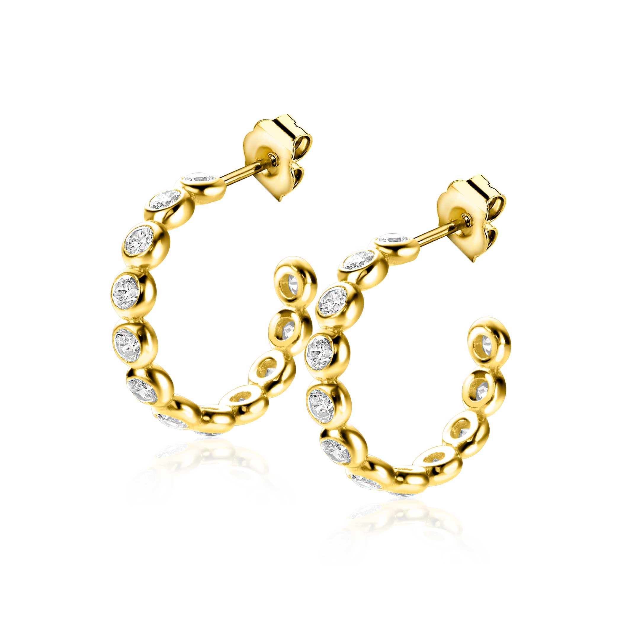 21mm ZINZI gold plated silver half hoop earrings, 4mm tube thickness, set with 12 white zirconias and with butterfly clasp ZIO2573Y

