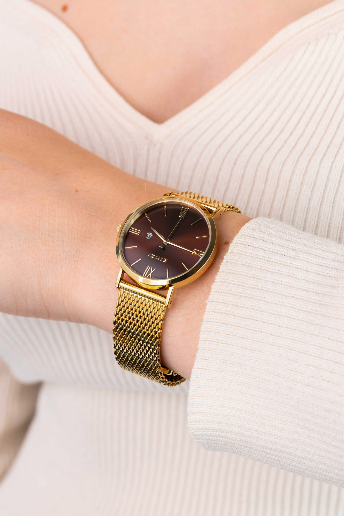 ZINZI Roman Watch 34mm Brown Dial Gold Colored Stainless Steel Case and Mesh Strap  ZIW536M