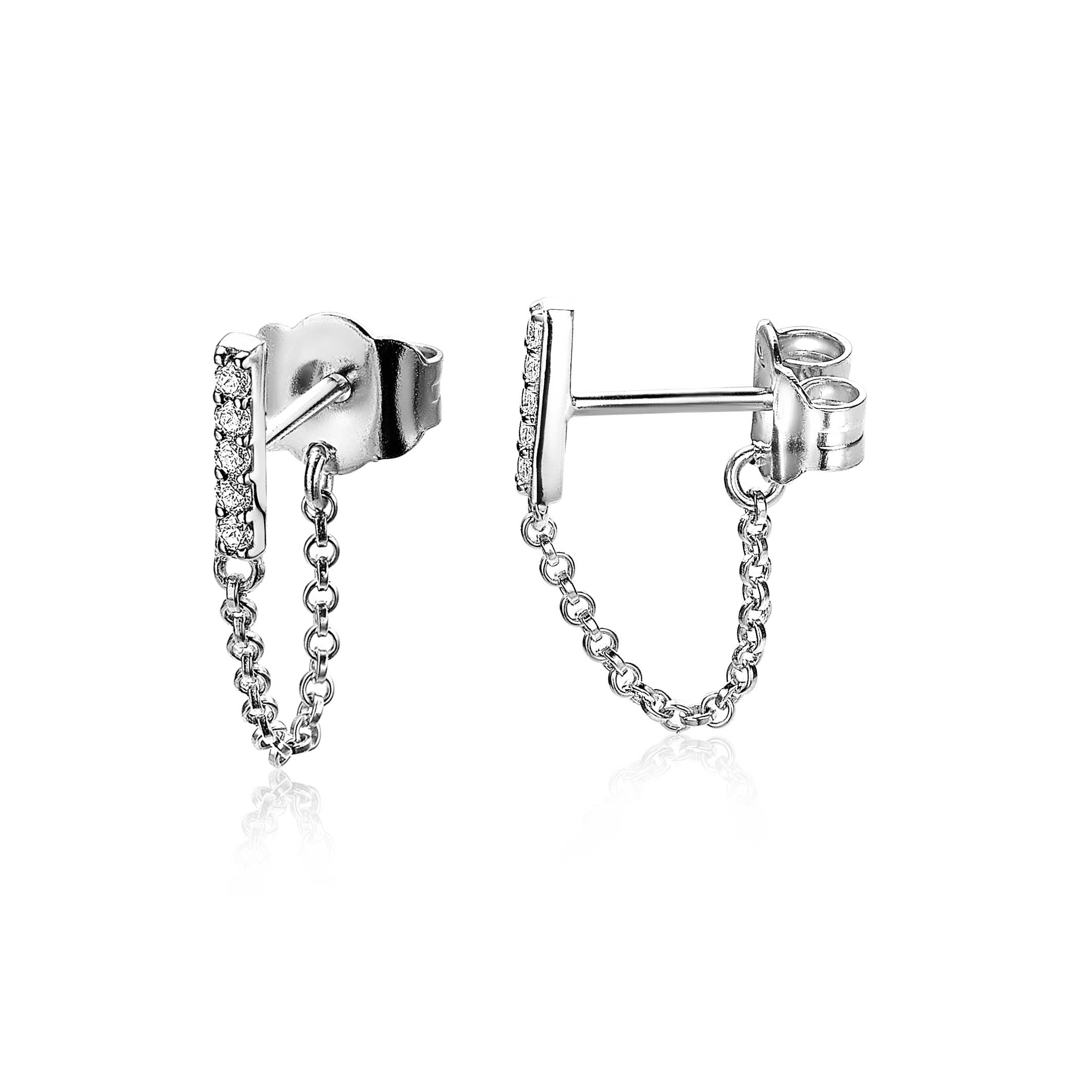 ZINZI Sterling Silver Stud Earrings Bar White with Chain ZIO1764