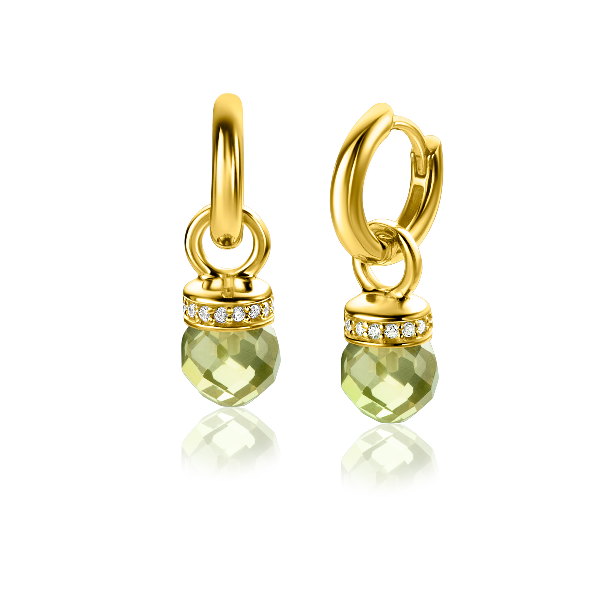 15mm ZINZI Gold Plated Sterling Silver Earrings Pendants with Round Green Peridot Color Stones and White Zirconias ZICH2428 (excl. hoop earrings)