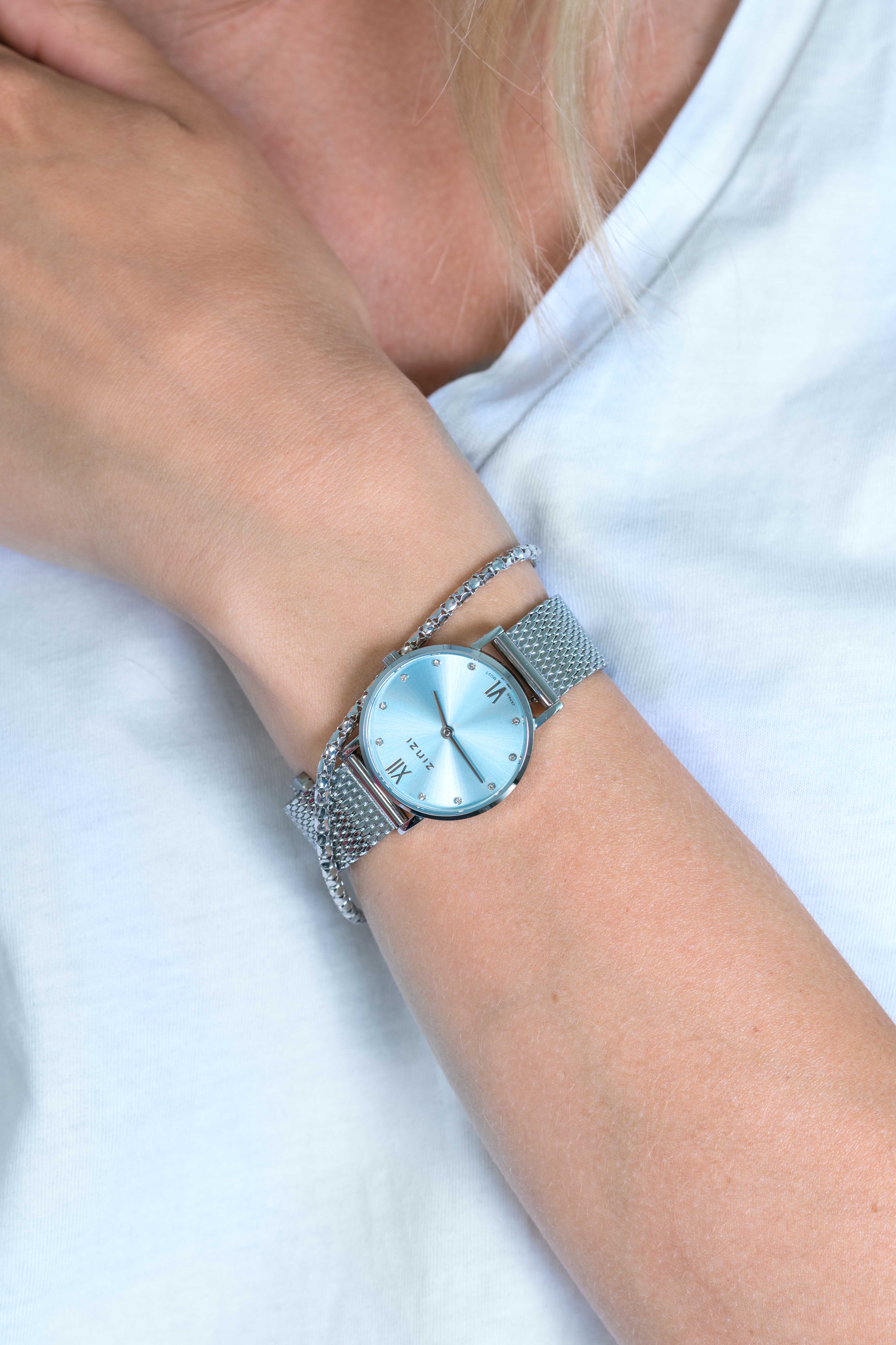 ZINZI Lady Crystal Watch 28mm Ice Blue Dial with White Crystals Stainless Steel Case and Mesh Strap ZIW645M