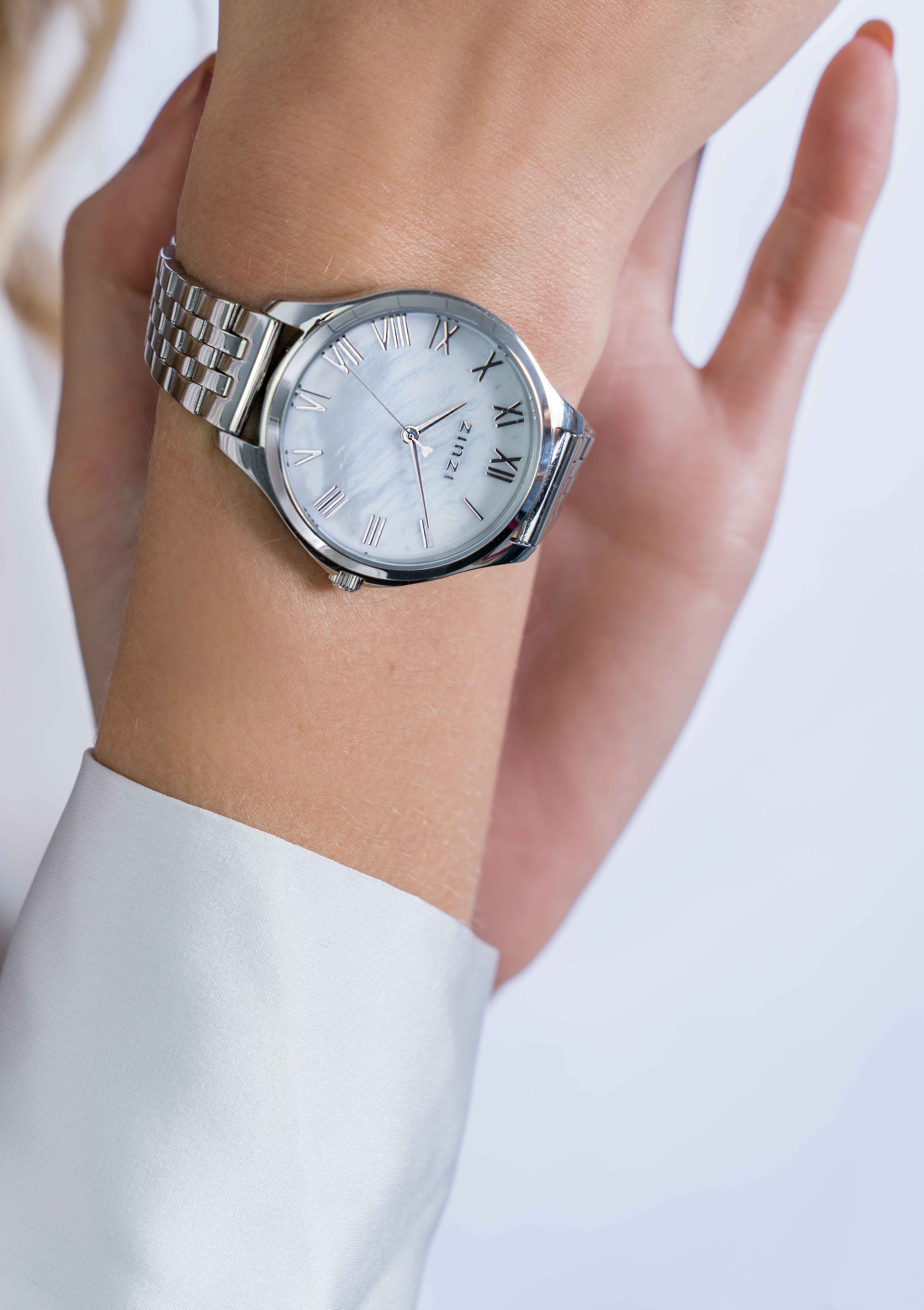 ZINZI Watch JULIA 34mm White Mother-of-Pearl Dial Roman Figures Stainless Steel Case and Strap ZIW1117