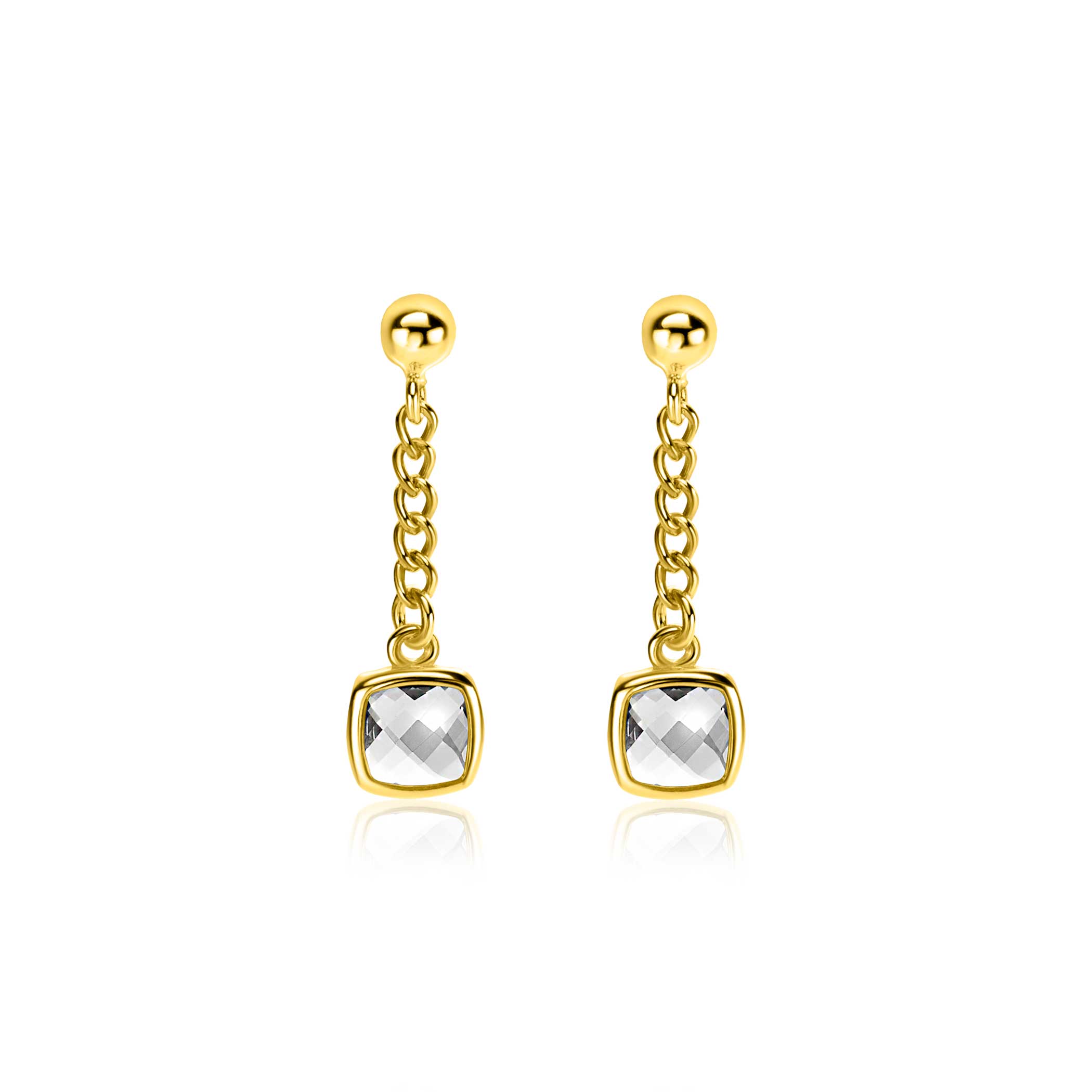 25mm ZINZI gold plated silver stud earrings with gourmet chain and square setting white zirconia ZIO2417Y
