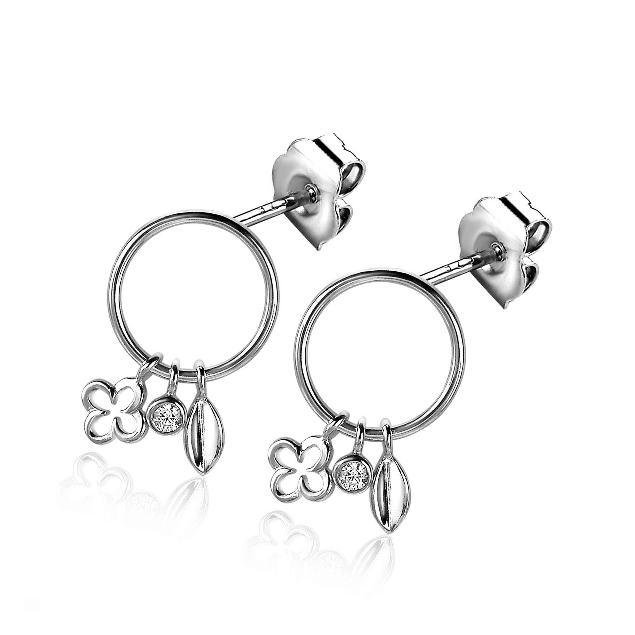 ZINZI Sterling Silver Earrings Open Circle with 3 Fantasy Charms Clover, White Zirconia and Leaf ZIO1875